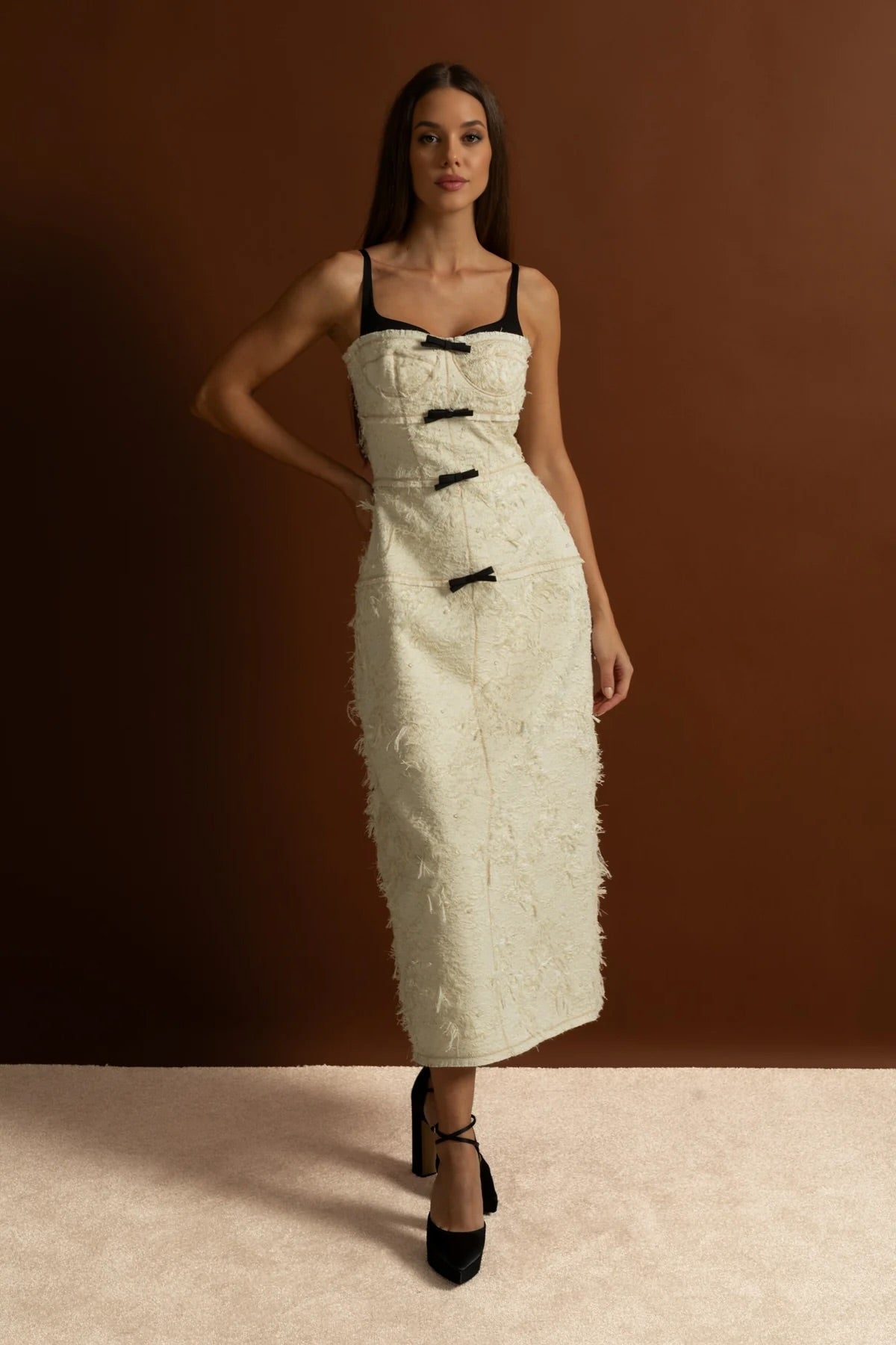 Anneliese Ivoire Textured Tweed Midi Dress With Contrast Straps and Bow Detailing