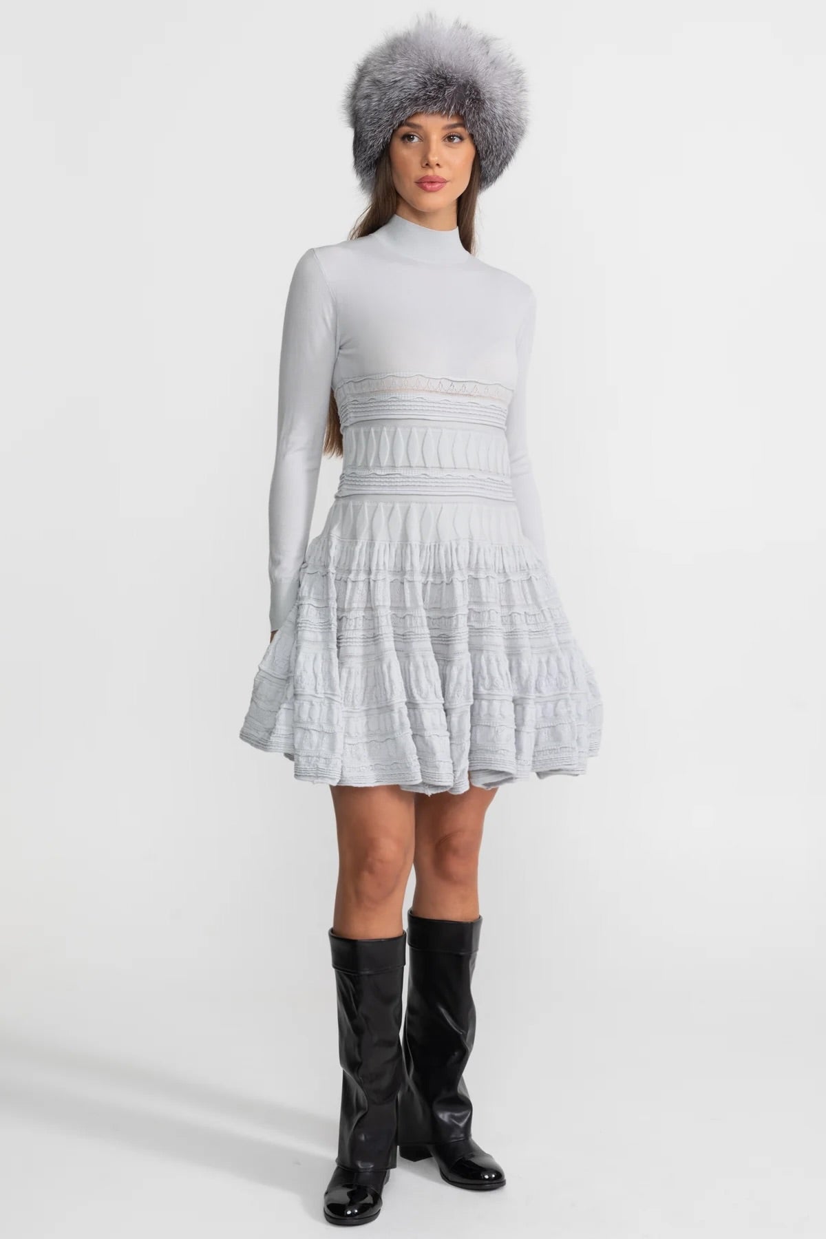 Ludovica Light Gray Textured Knit Mini Dress with Flared Skirt