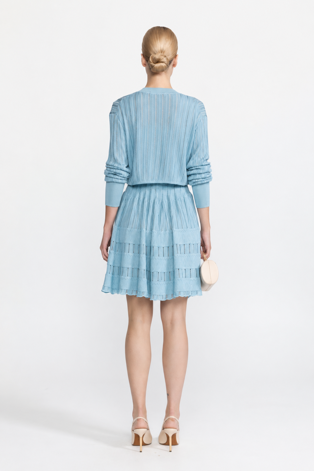 Jacinthe Light Blue Rib Pointelle Knit Cropped Cardigan and Skater Dress Set