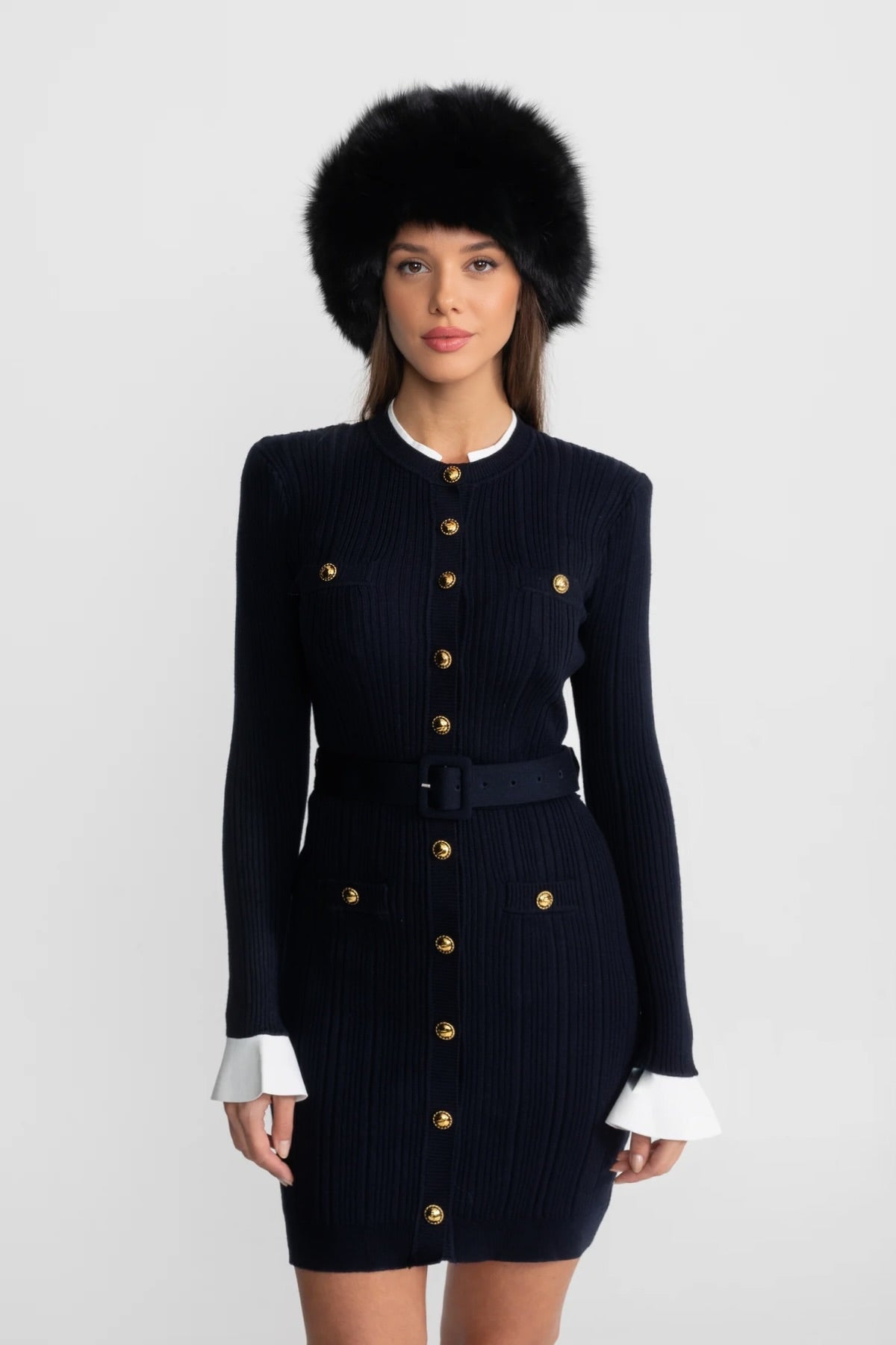 Philippine Dark Blue Ribbed Knit Mini Dress with Gold Button Fastening