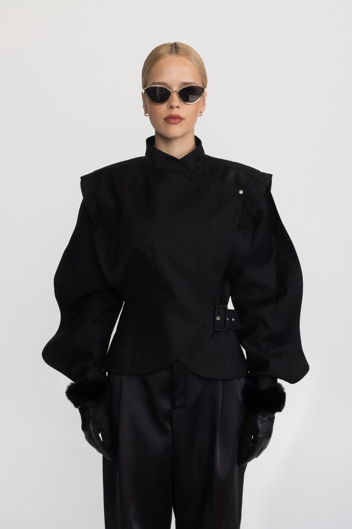 Structured Balloon Sleeve Wrap Jacket - Black