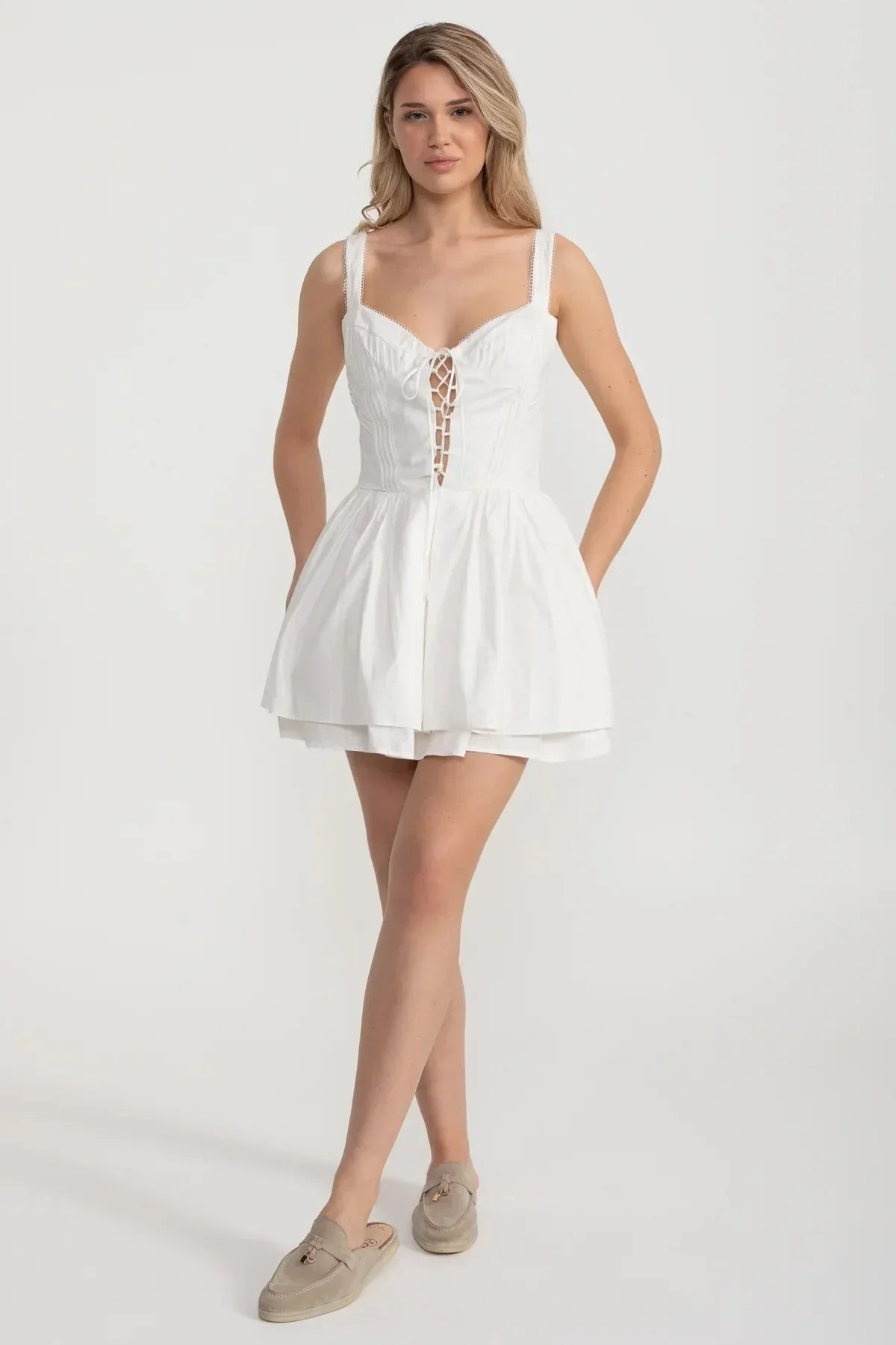 Corset Style Sleeveless Dress With Lace-Up Front Detailing - White