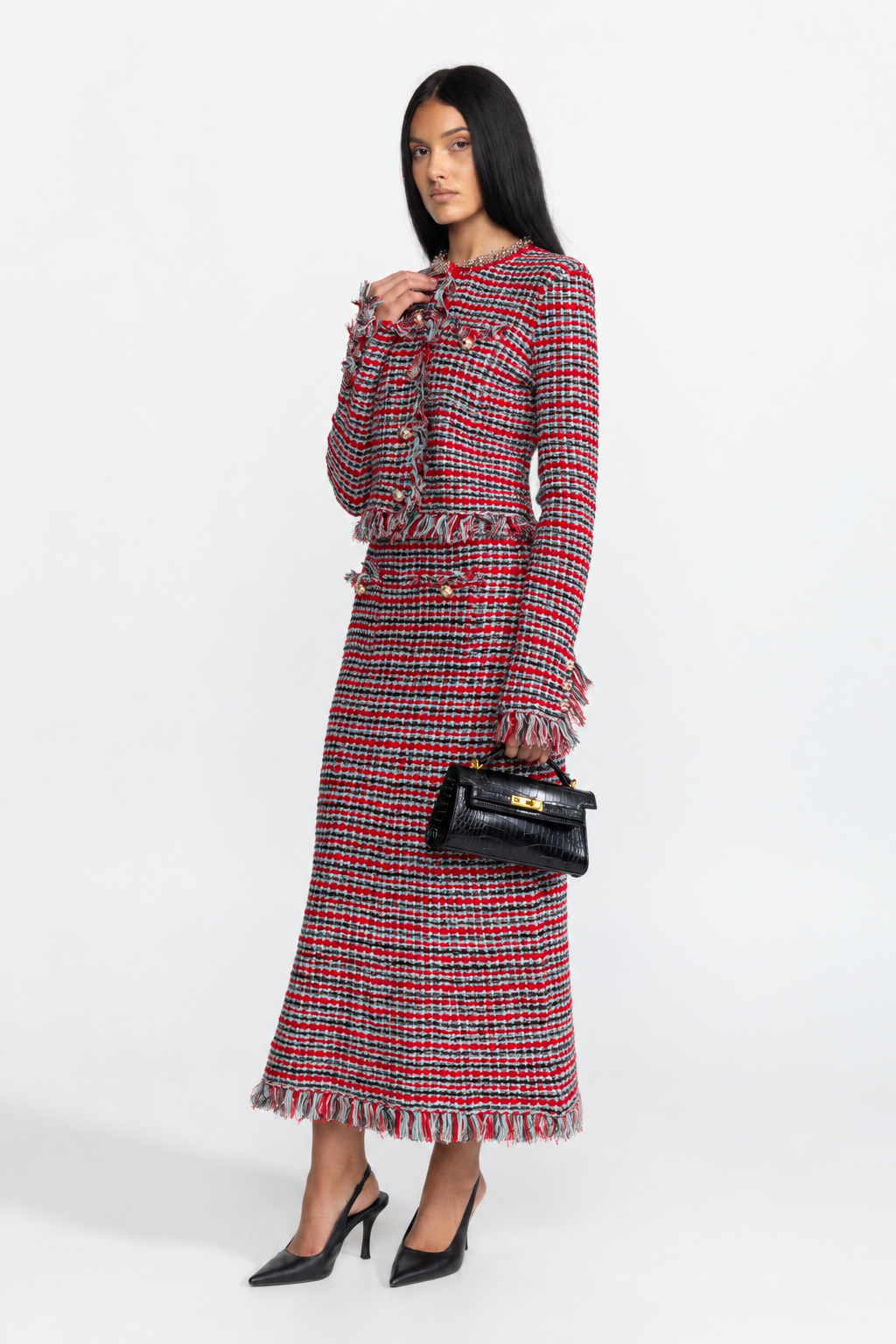 Madeleine Red Multi Fringed Tweed Jacket and Midi Skirt Co-ord Set