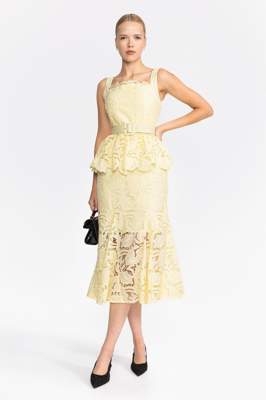 Rosalie Guipure Lace Peplum Midi Dress - Yellow