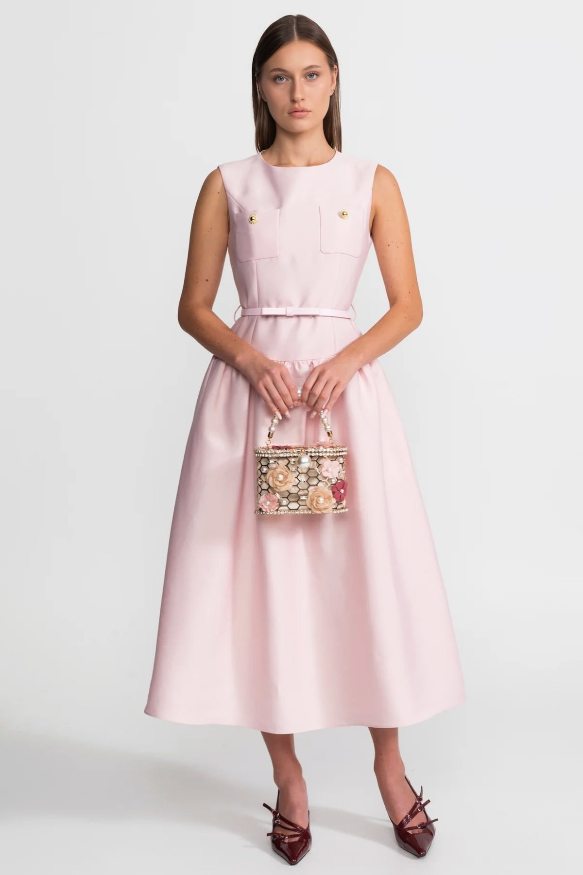 Sleeveless Midi Dress With Belted Waist And Front Pockets – Blush Pink