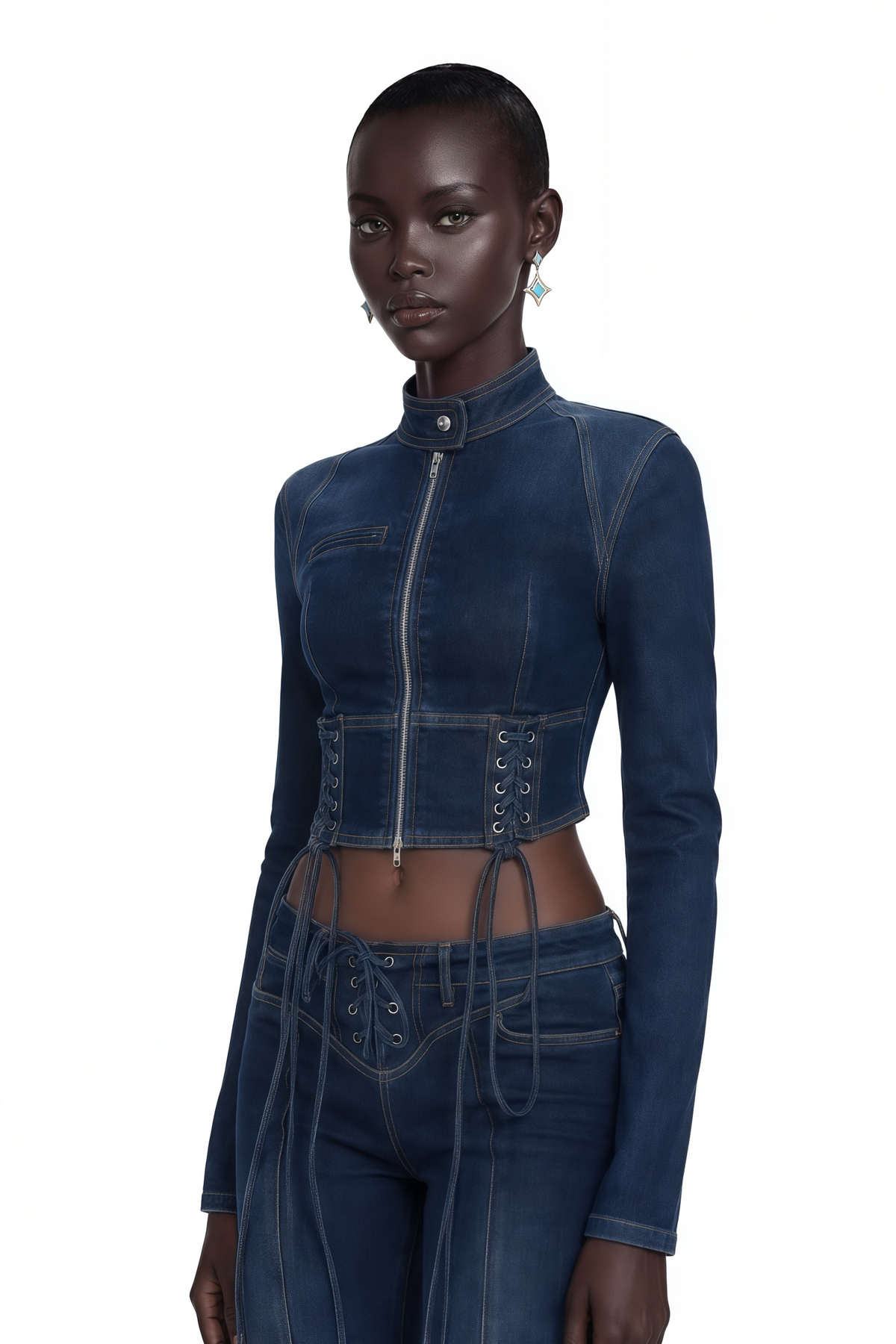 kiona indigo blue denim lace-up co-ord set