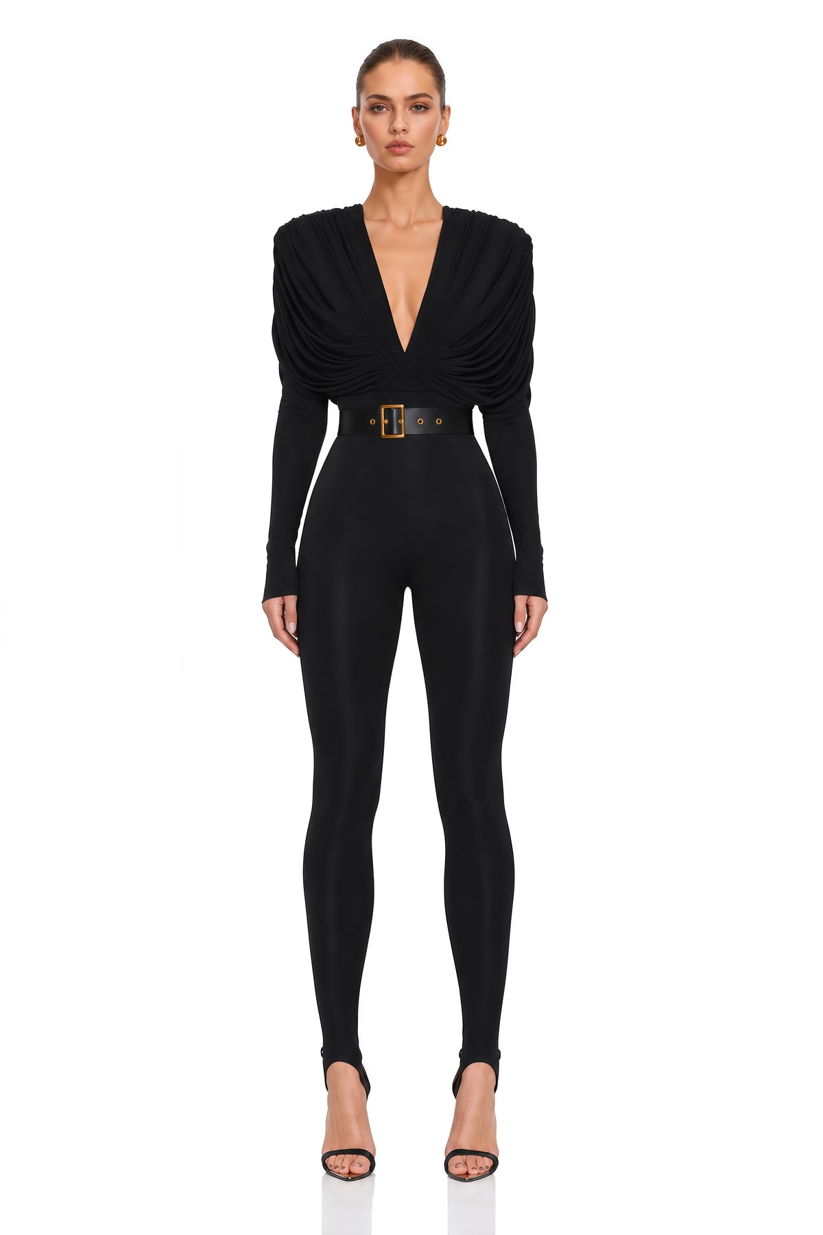 gianina black deep v-neck draped jumpsuit