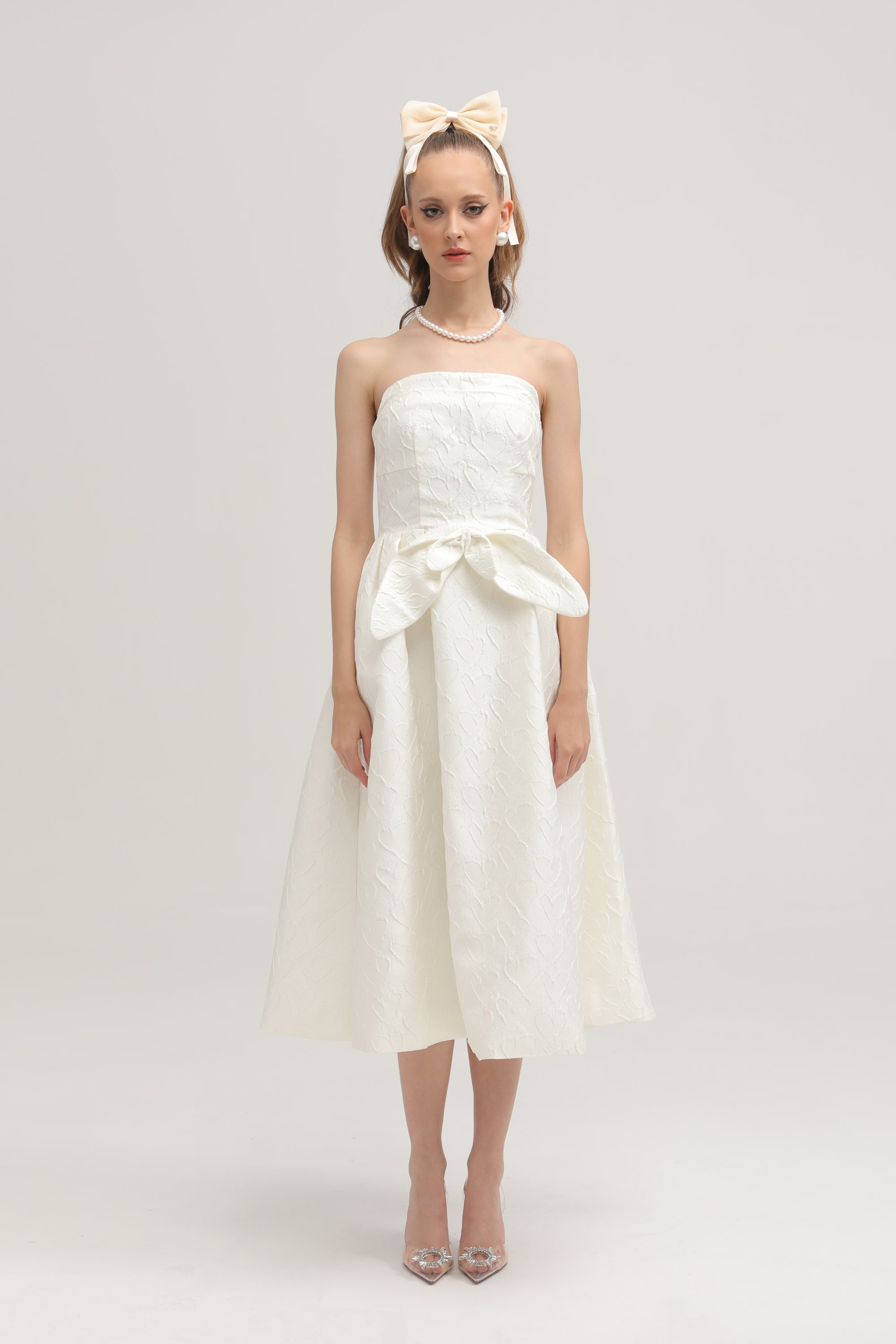 Ingrid white bowknot embroidered midi dress (US Only)