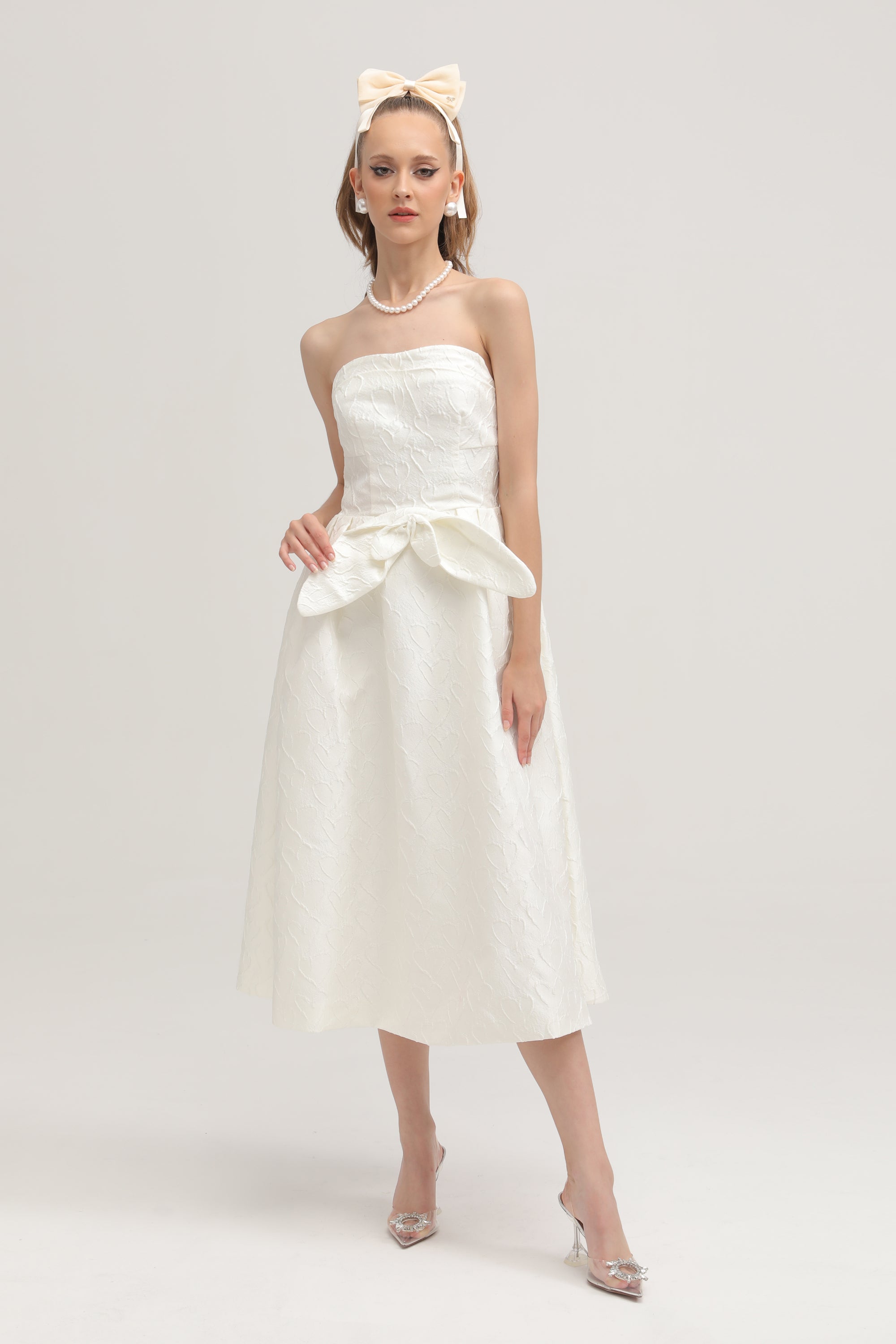 Ingrid white bowknot embroidered midi dress (US Only)