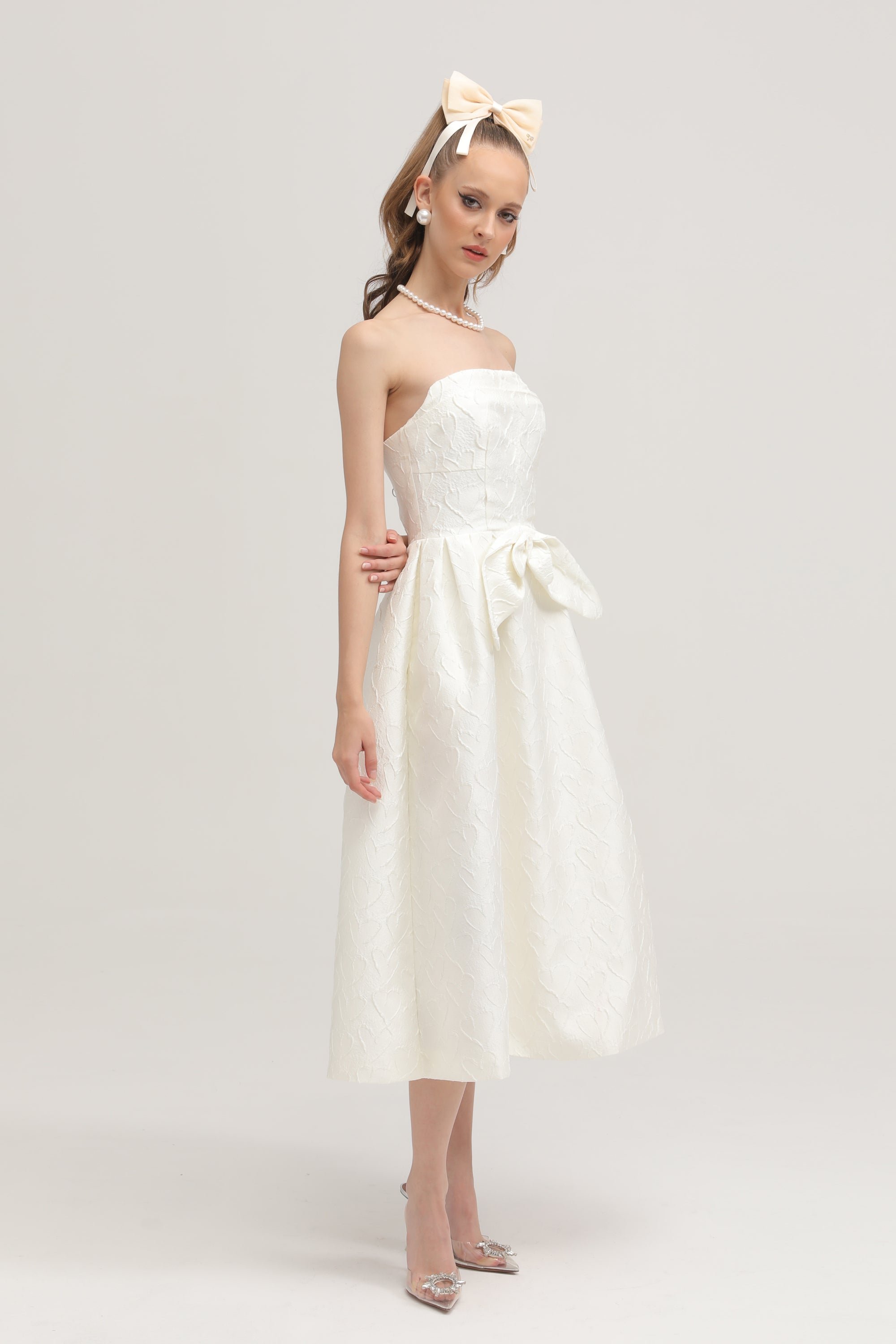 Ingrid white bowknot embroidered midi dress (US Only)