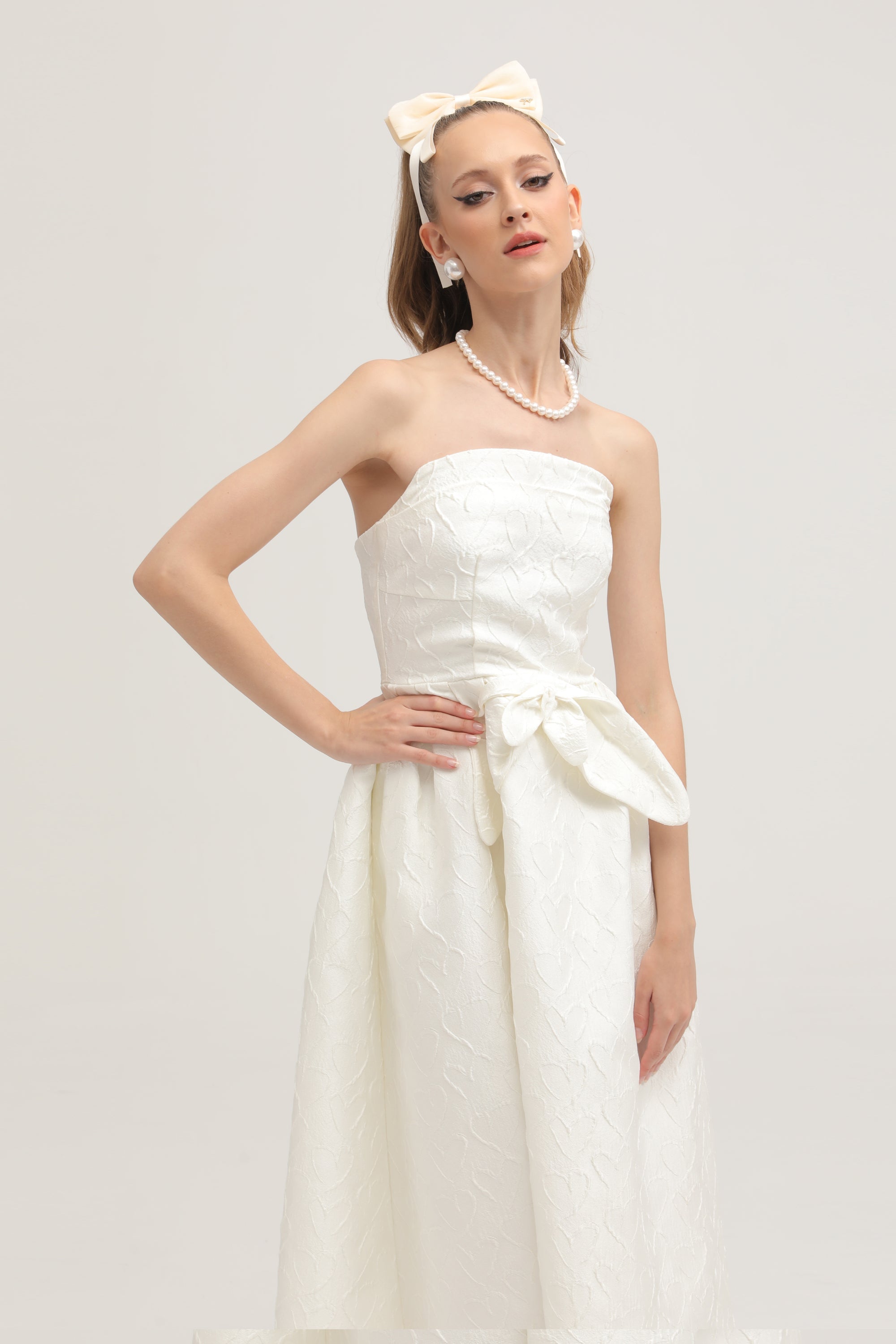 Ingrid white bowknot embroidered midi dress (US Only)