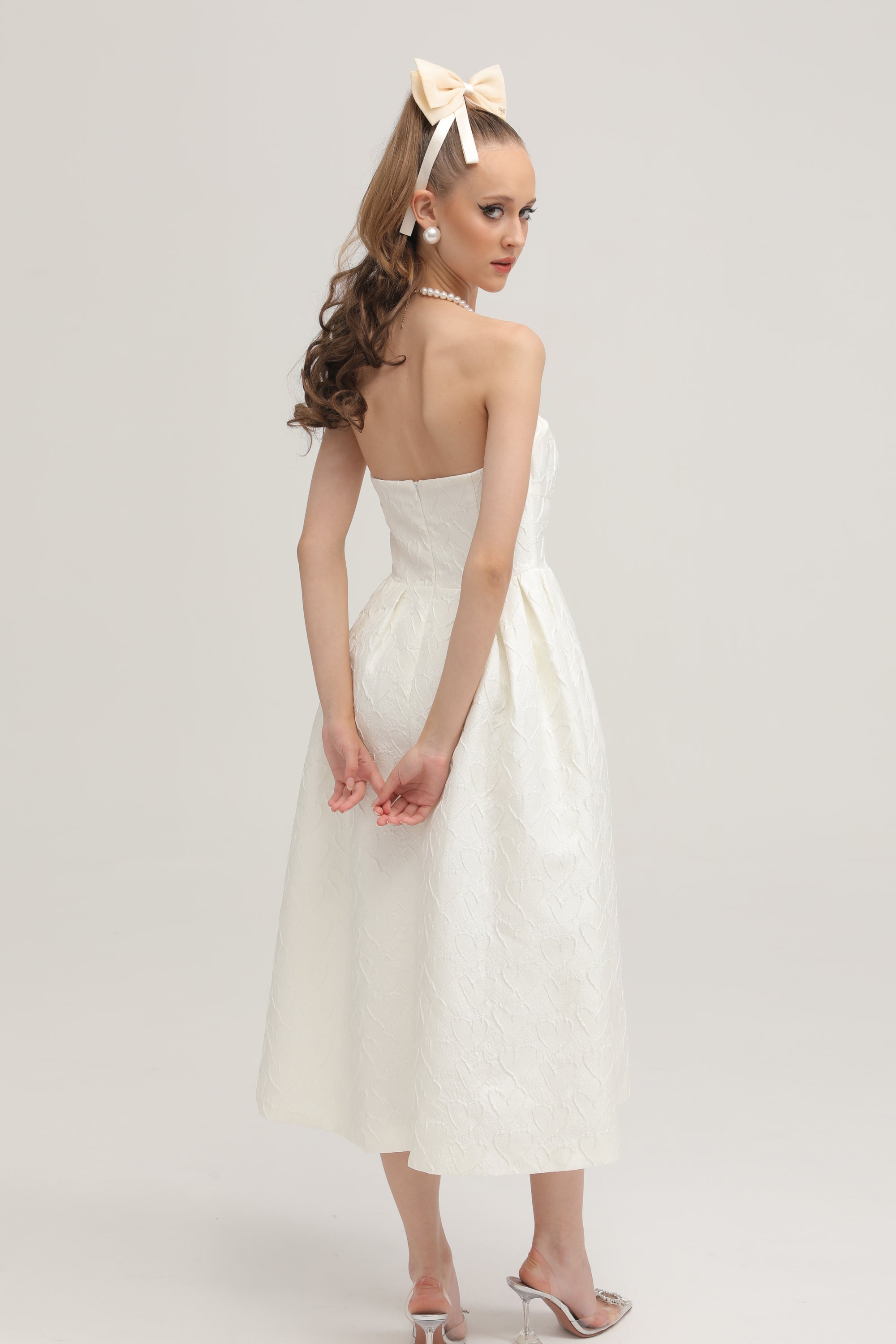 Ingrid white bowknot embroidered midi dress (US Only)