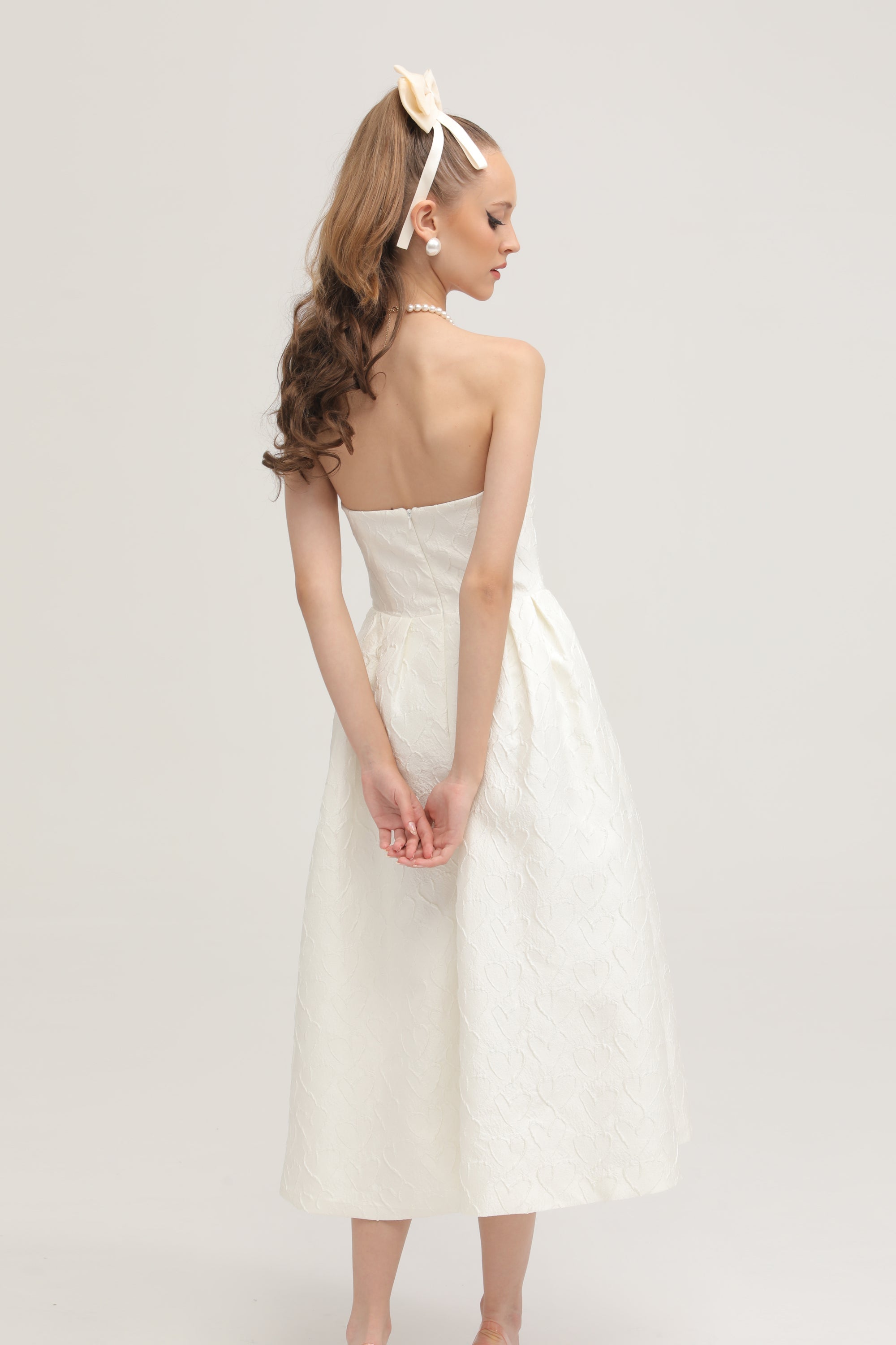 Ingrid white bowknot embroidered midi dress (US Only)