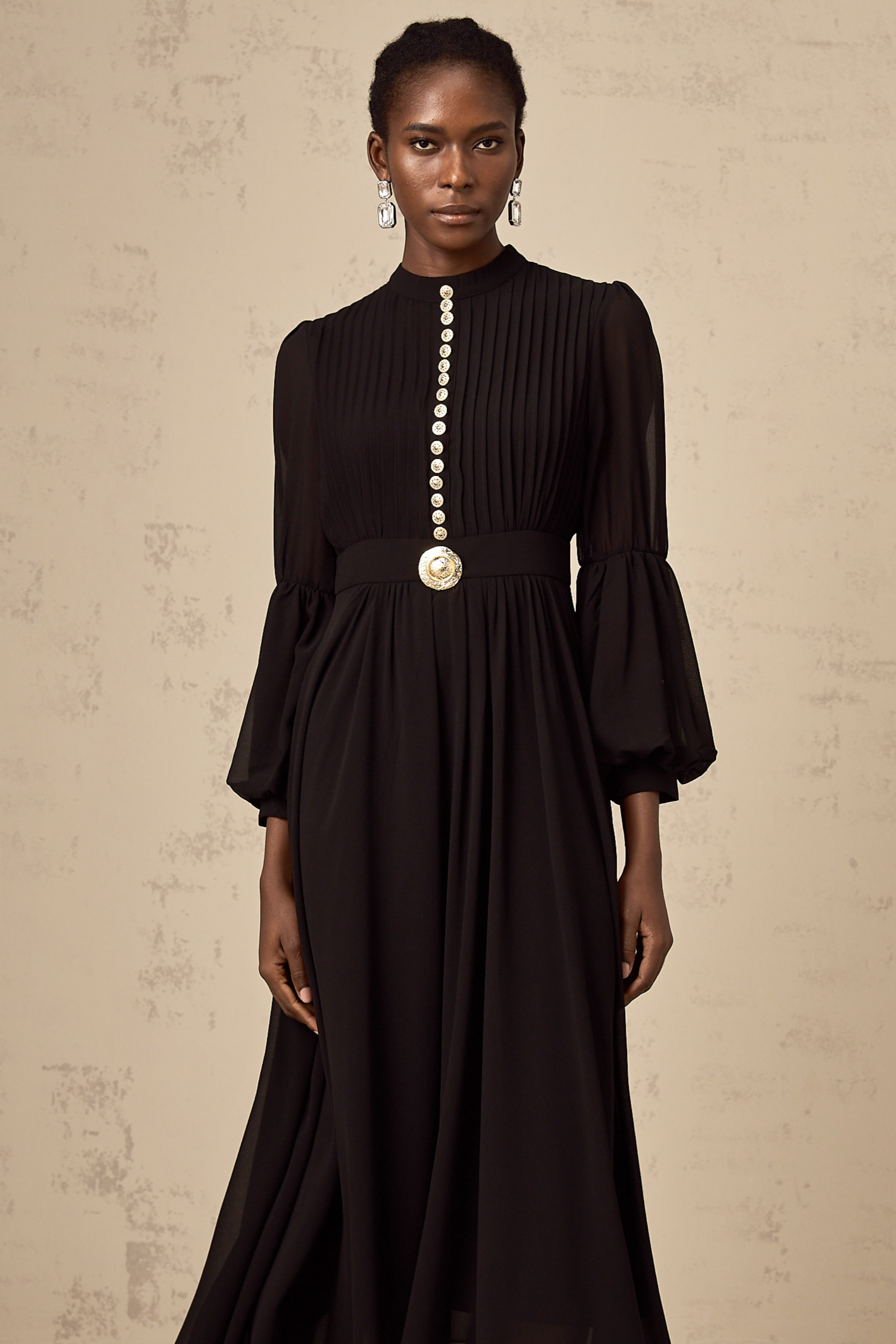 Viviane black pleated button-front midi dress (US Only)