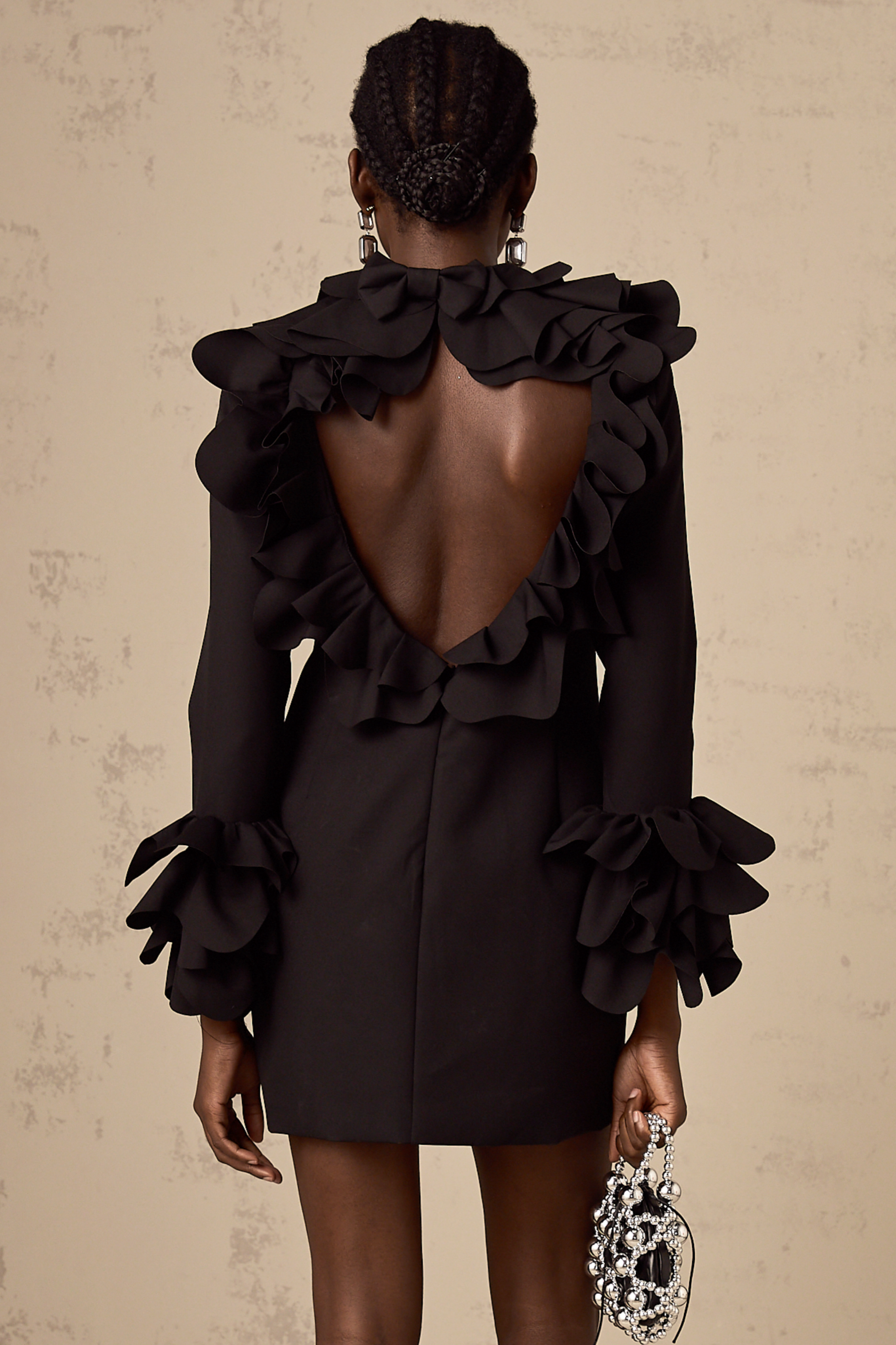Jacques black ruffled open-back mini dress