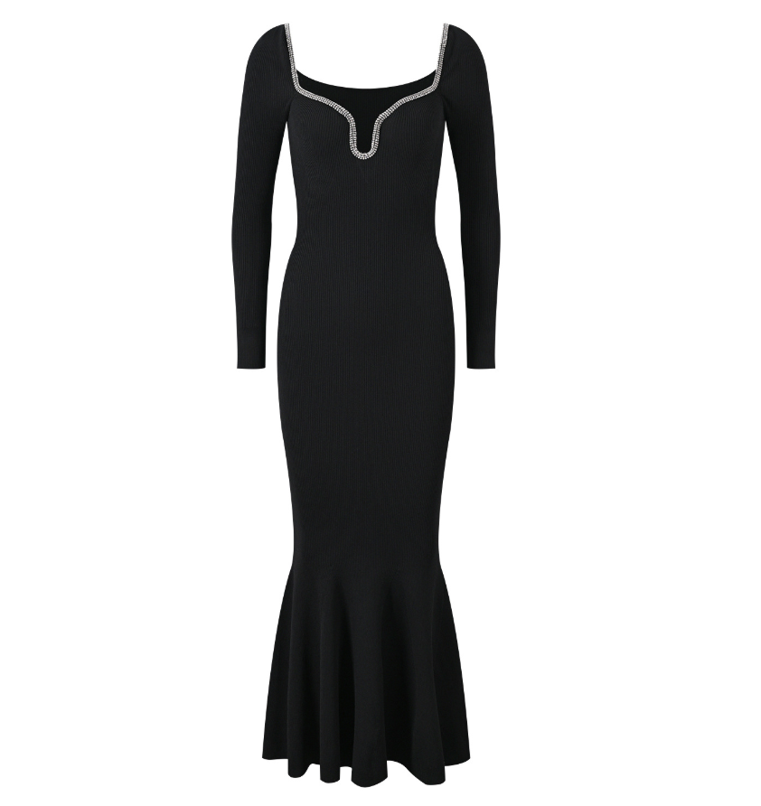 CELINE CRYSTAL-TRIMMED KNIT MIDI DRESS - BLACK