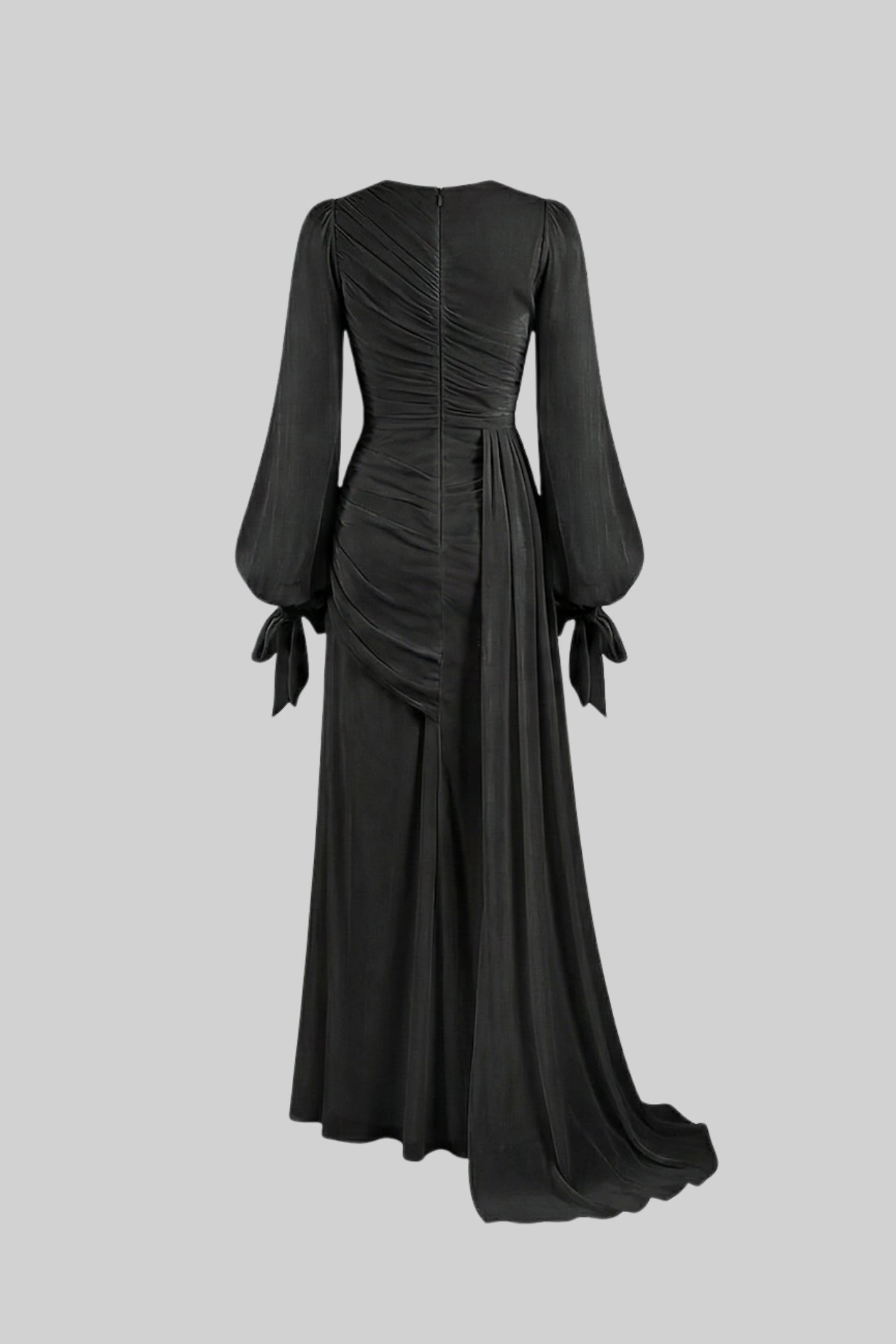 Draped Long-Sleeve Maxi Dress with Gathered Waist – Black