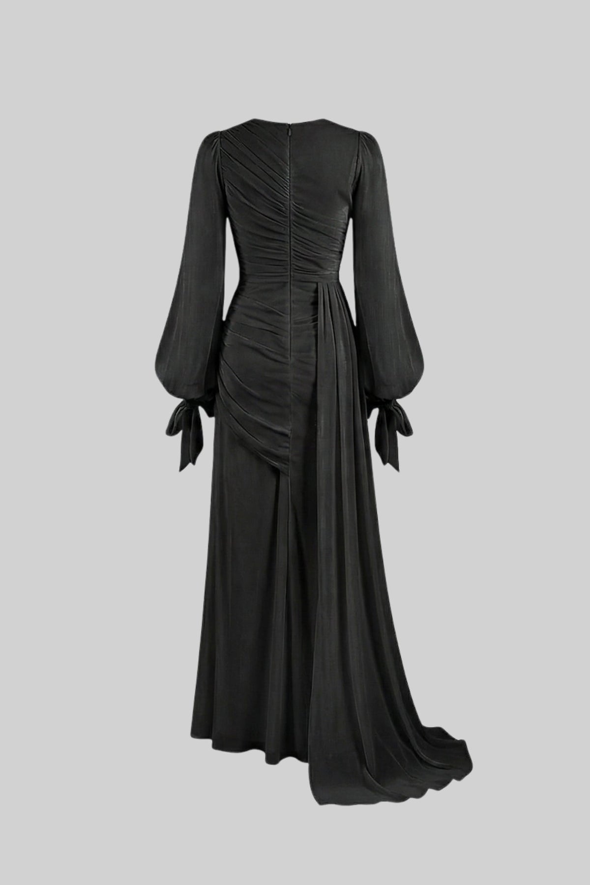 Draped Long-Sleeve Maxi Dress with Gathered Waist – Black