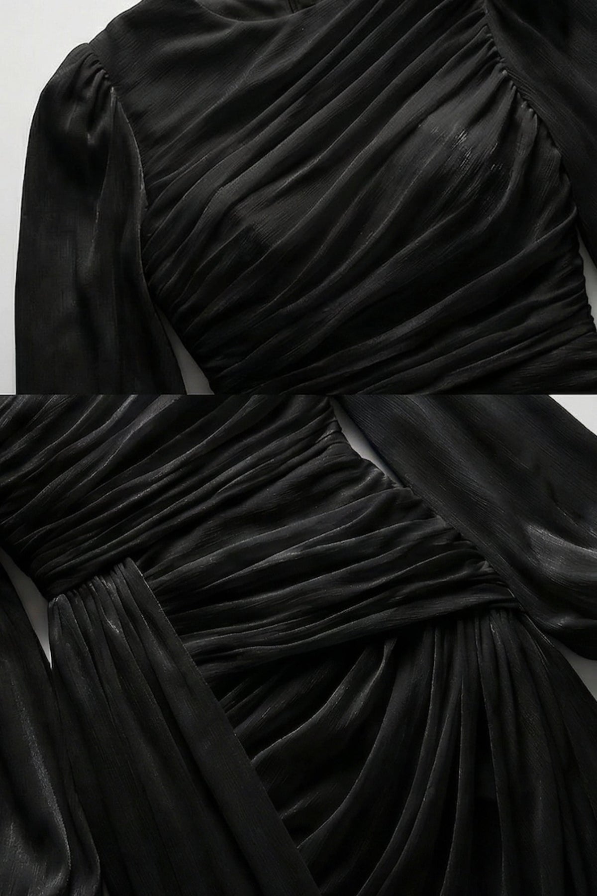 Draped Long-Sleeve Maxi Dress with Gathered Waist – Black