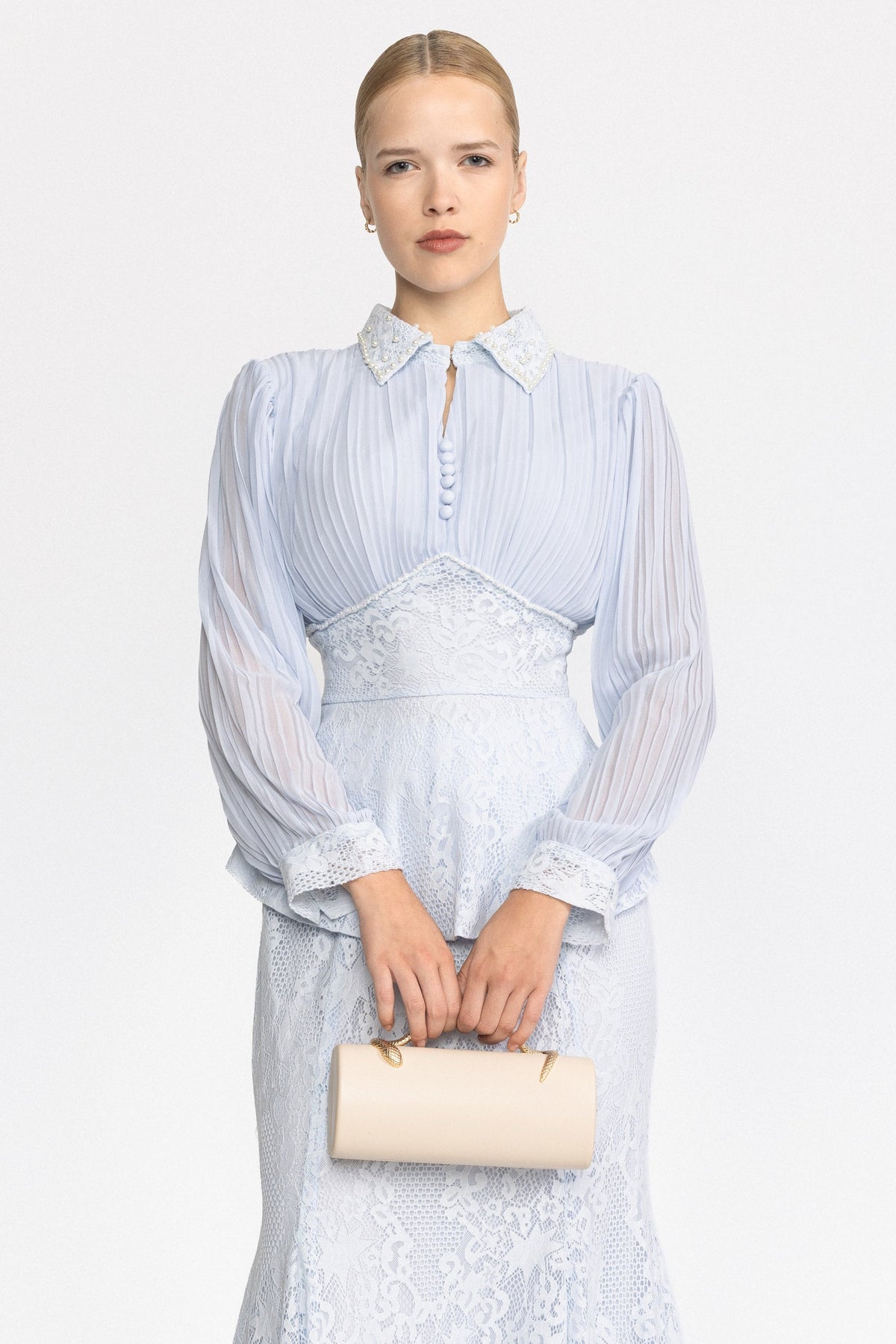 Pleated Chiffon Lace Peplum Blouse and Maxi Skirt Set - Light Blue