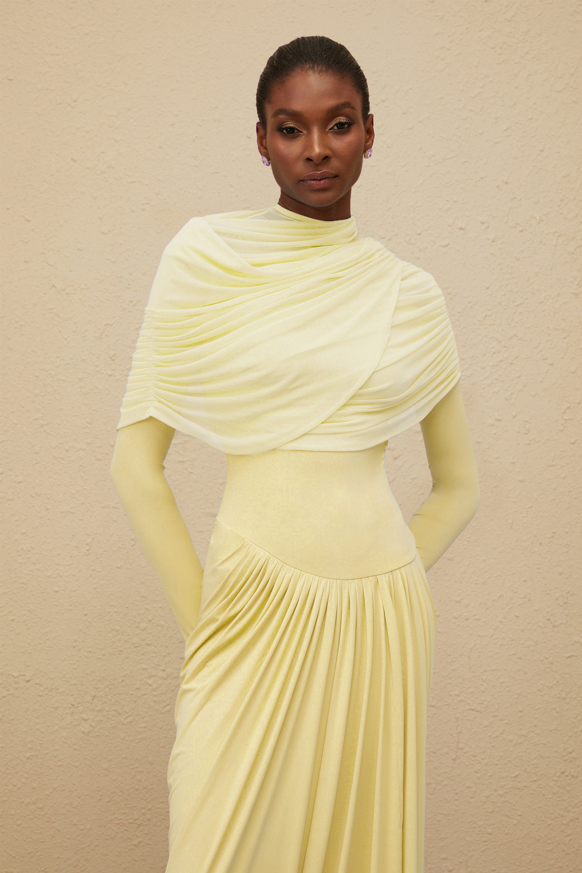 Catherine Yellow Asymmetrical Pleated Long-Sleeve Maxi Dress