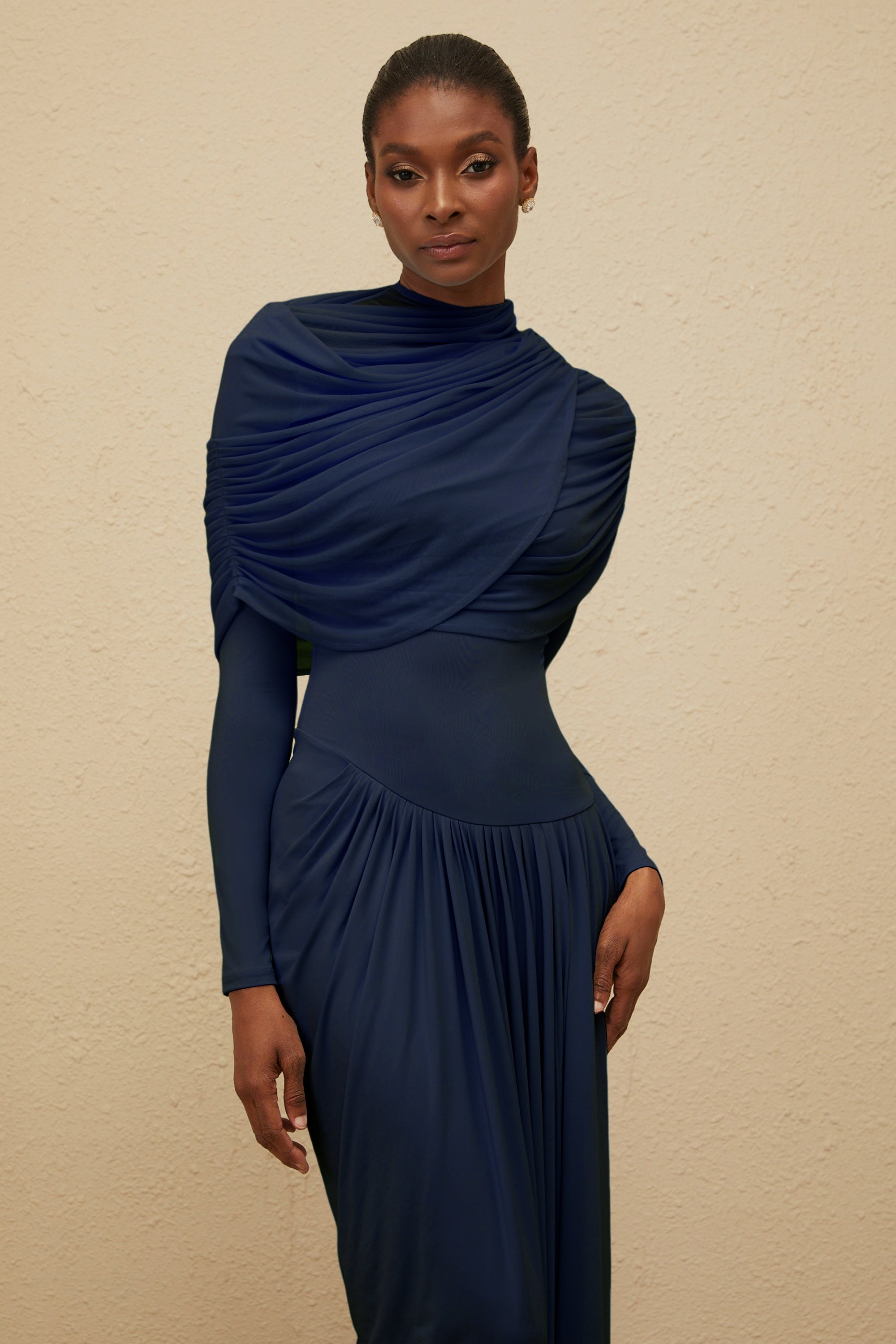 Catherine Navy-Blue Asymmetrical Pleated Long-Sleeve Maxi Dress