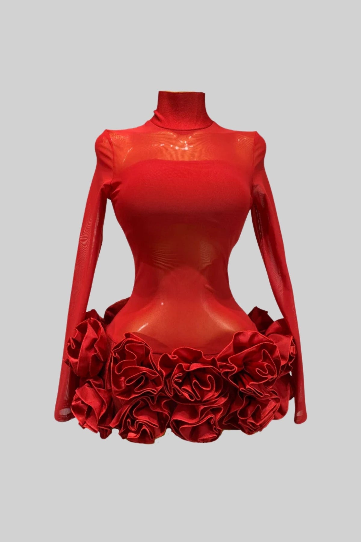 Sheer Floral Mini Dress With 3D Rosettes Hemline – Red