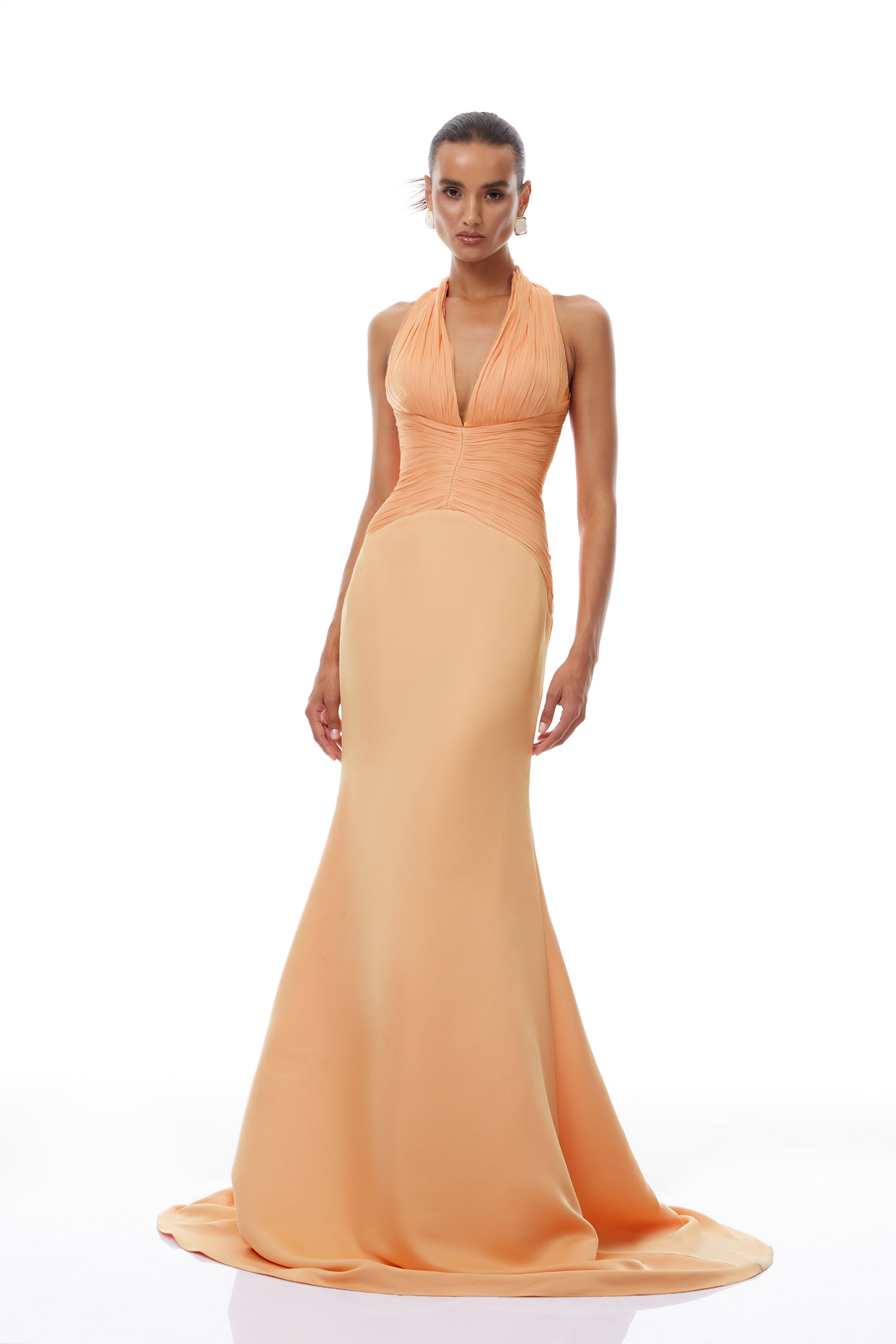 Emmeline Orange Train Design Gathered Maxi Dress