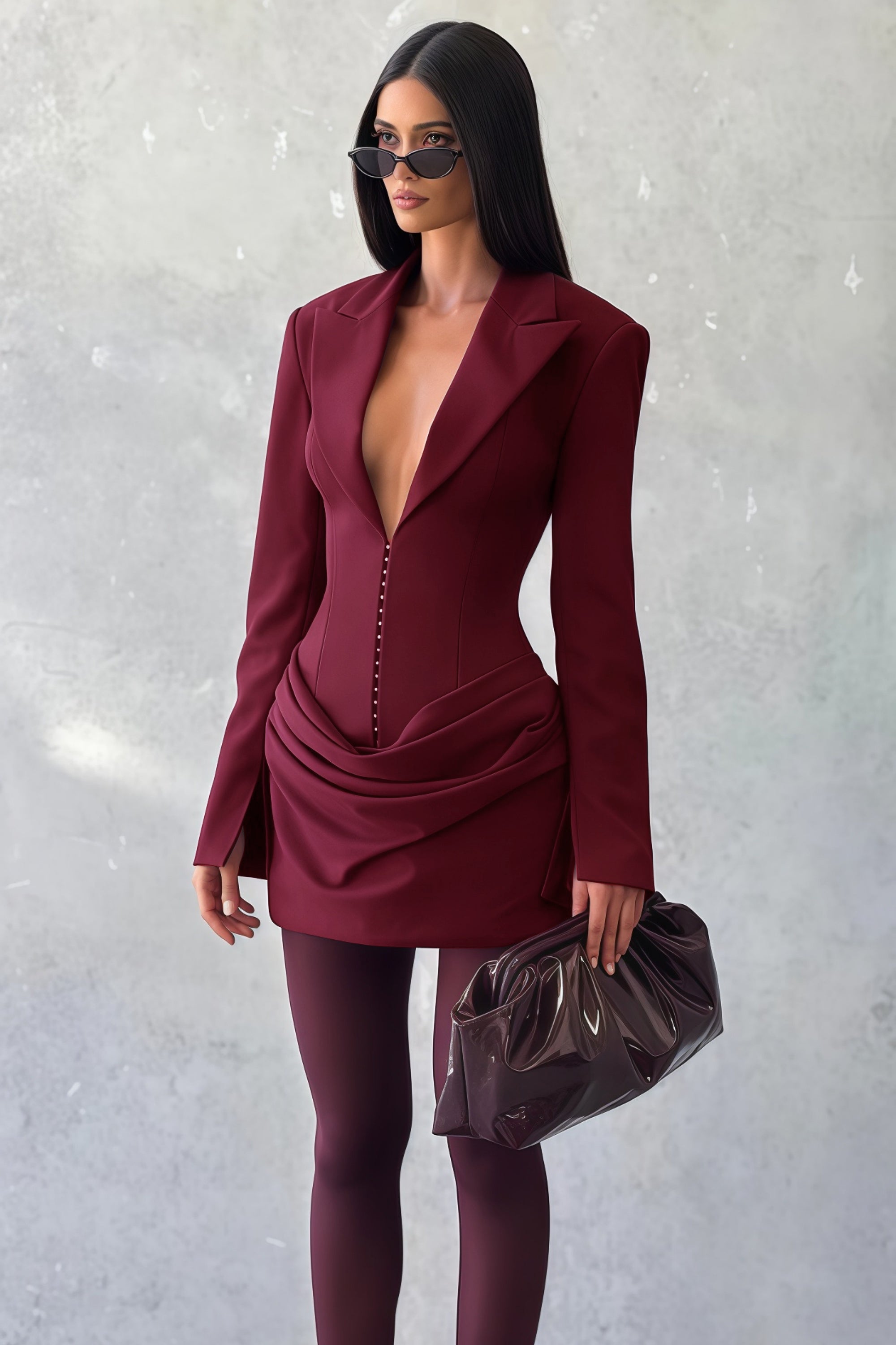 Rosette Burgundy Ruched Blazer Mini Dress (Final Sale-US Only)