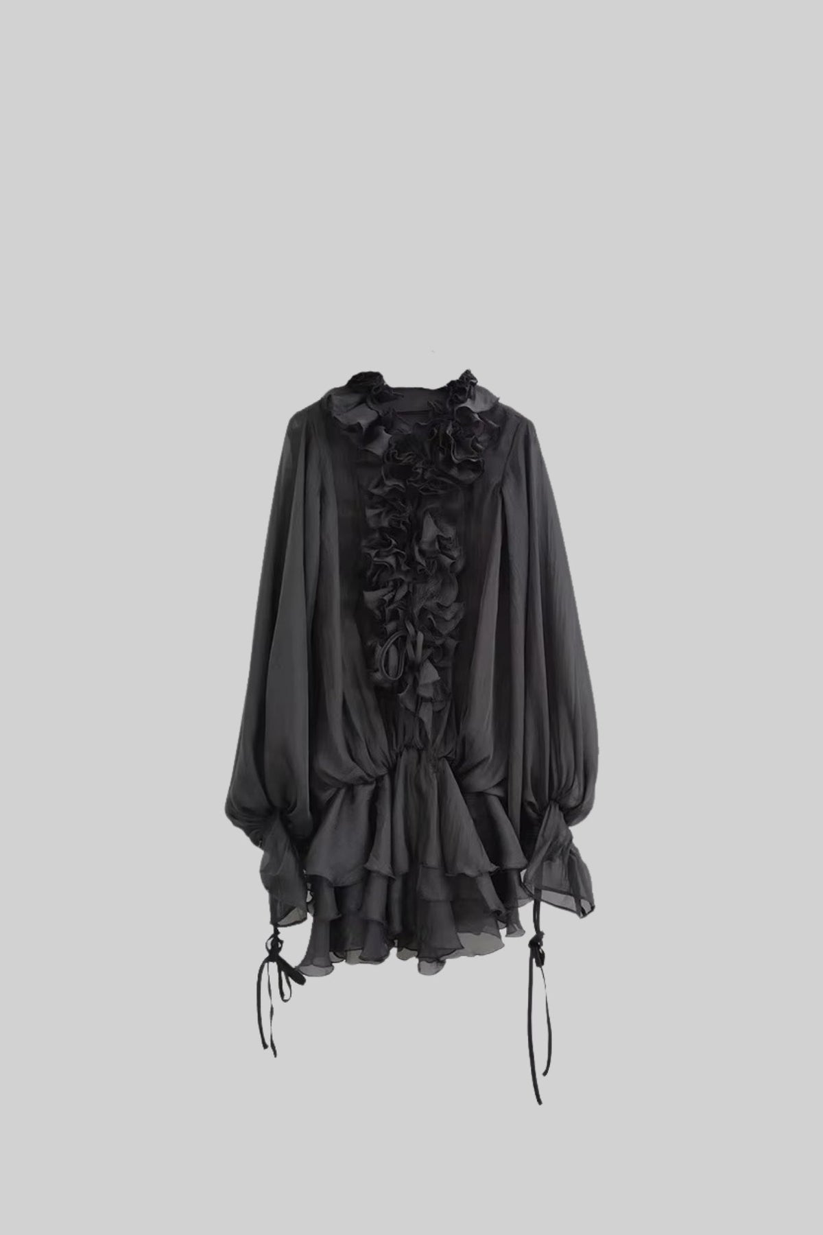 Flowing Sheer Dress With Floral Appliques And Long Puffy Sleeves - Black