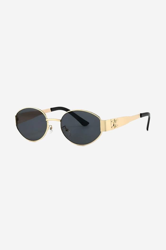 Oval Frame Sunglasses with Engraved Wide Gold Temples – Black