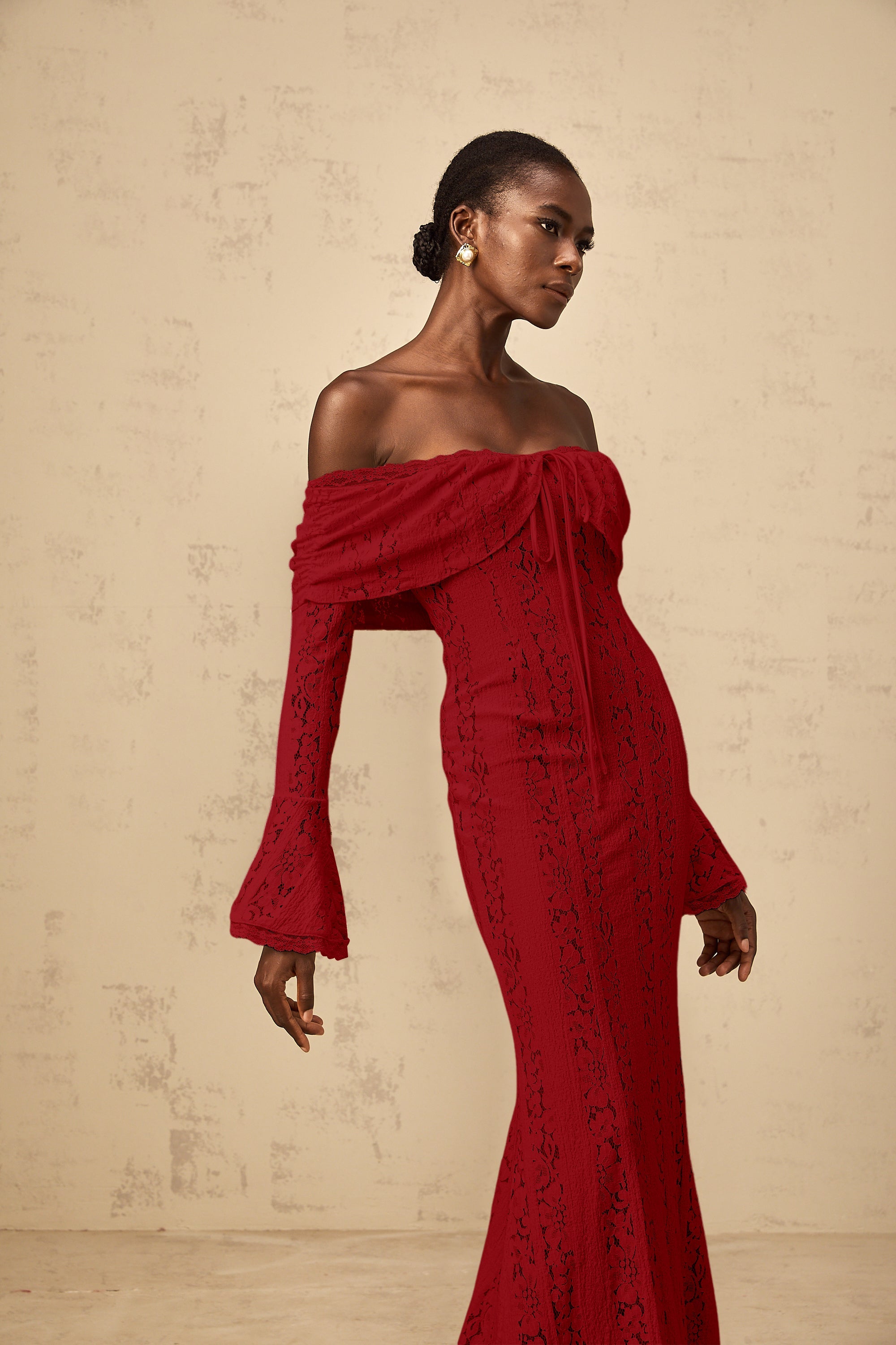 Émeline floral lace train-design maxi dress in Red (Final Sale-US Only)