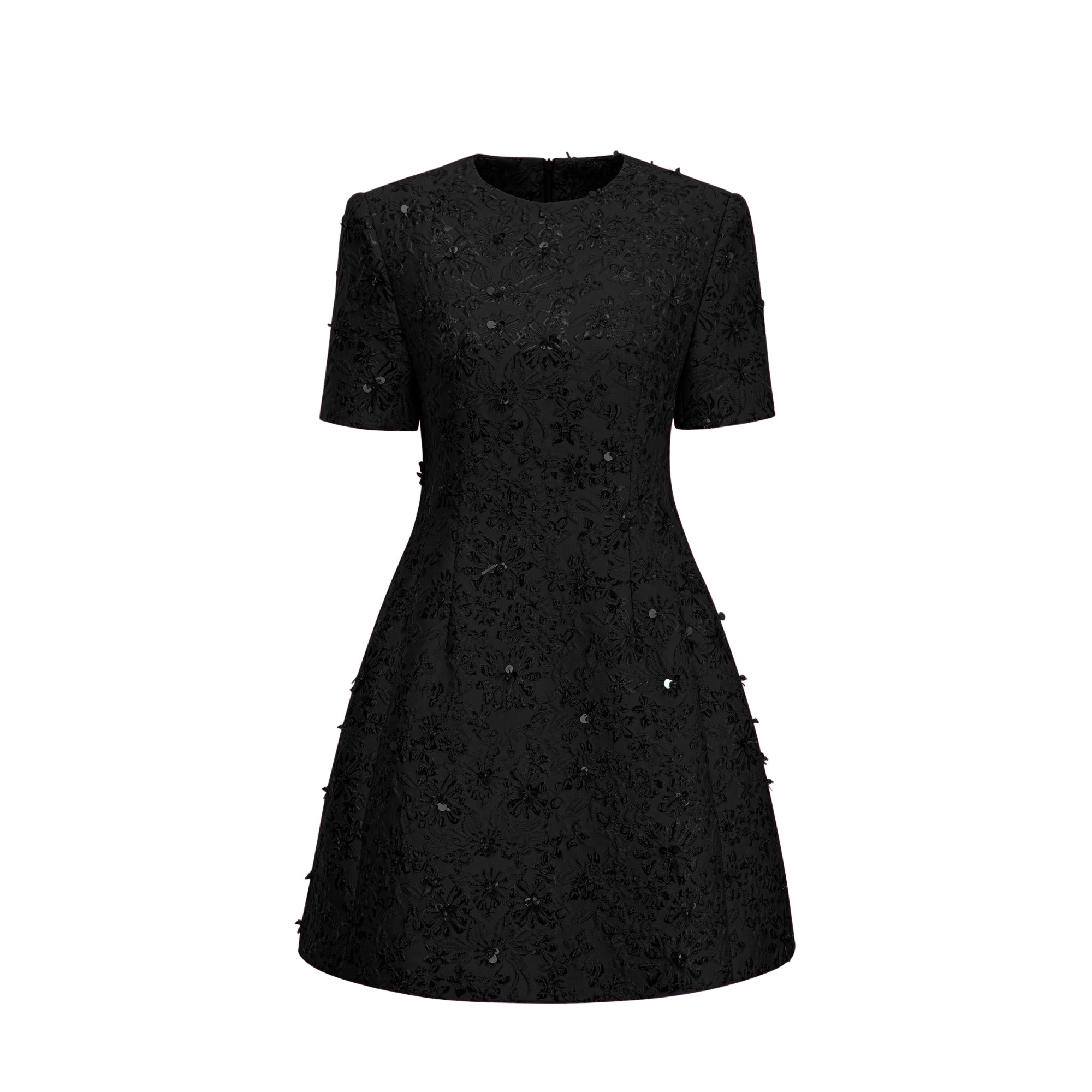 Celestia Floral-Appliqué Embellished Mini Dress in Black (Final Sale-US Only)