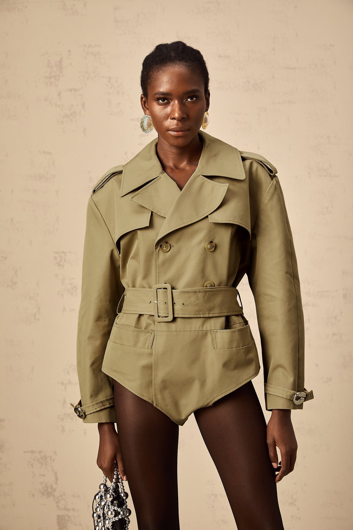 Chloe khaki double-breast belted bodysuit
