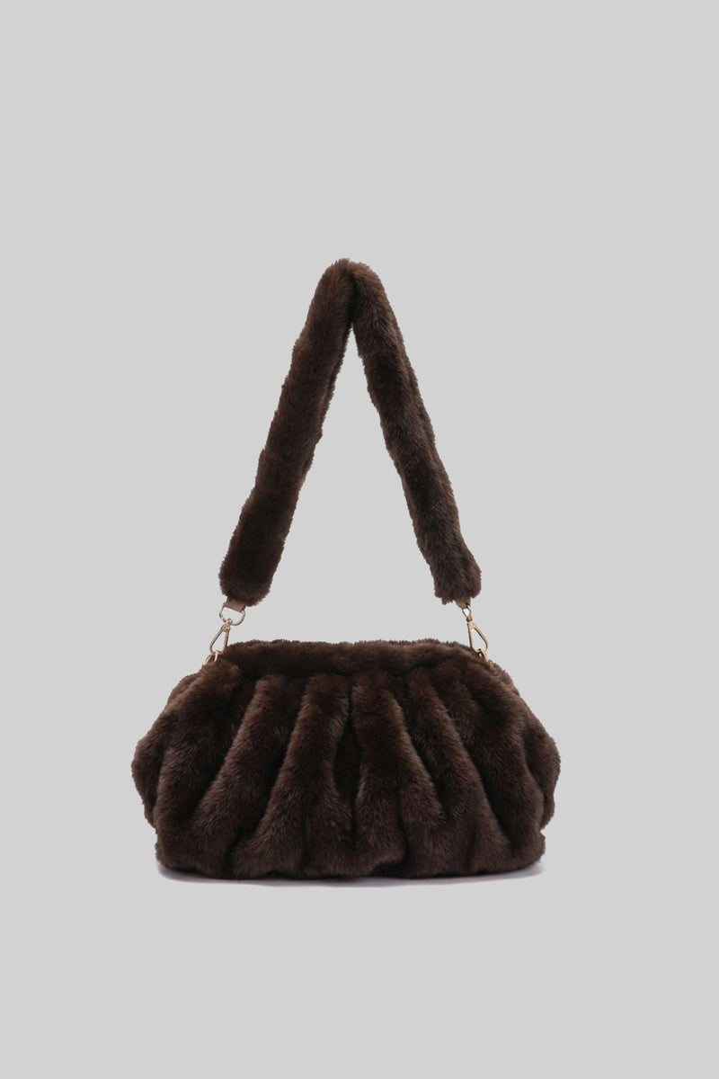 Faux Fur Shoulder Bag with Ruched Design – Brown