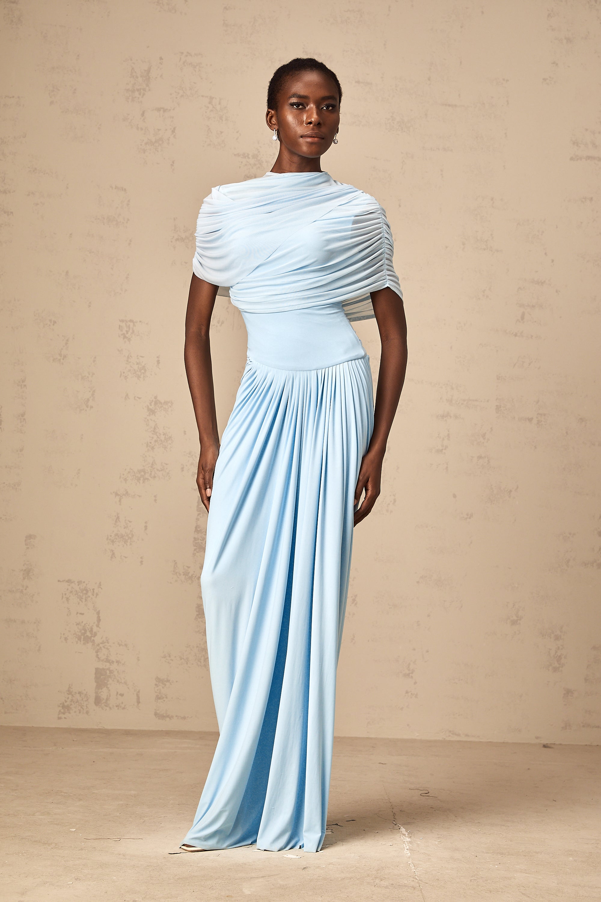 Catherine asymmetrical pleated maxi dress in Baby-blue