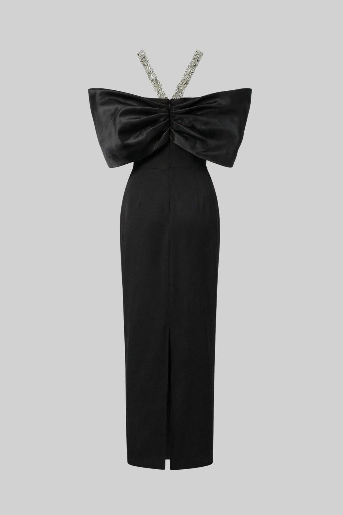 Embellished Bow-Neck Maxi Dress with Crystal Straps – Black