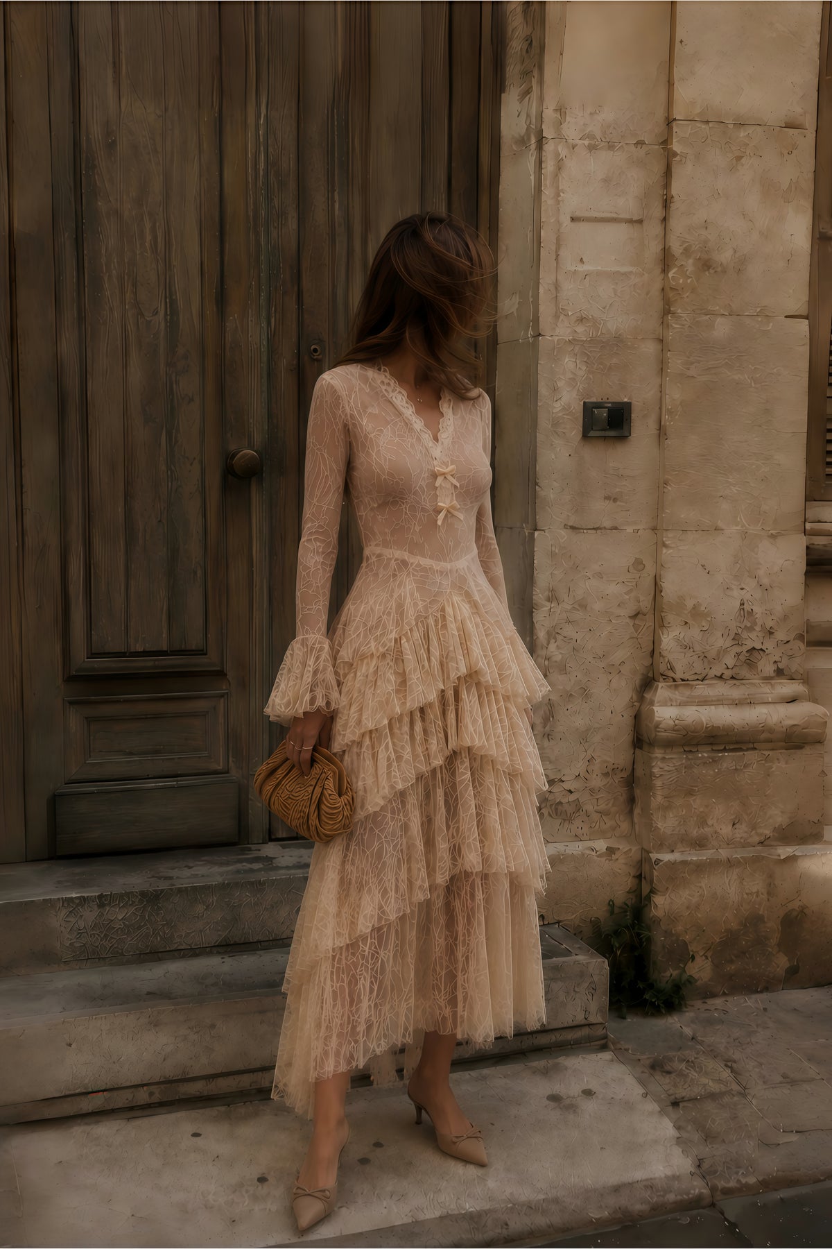 humayma beige lace tiered midi dress