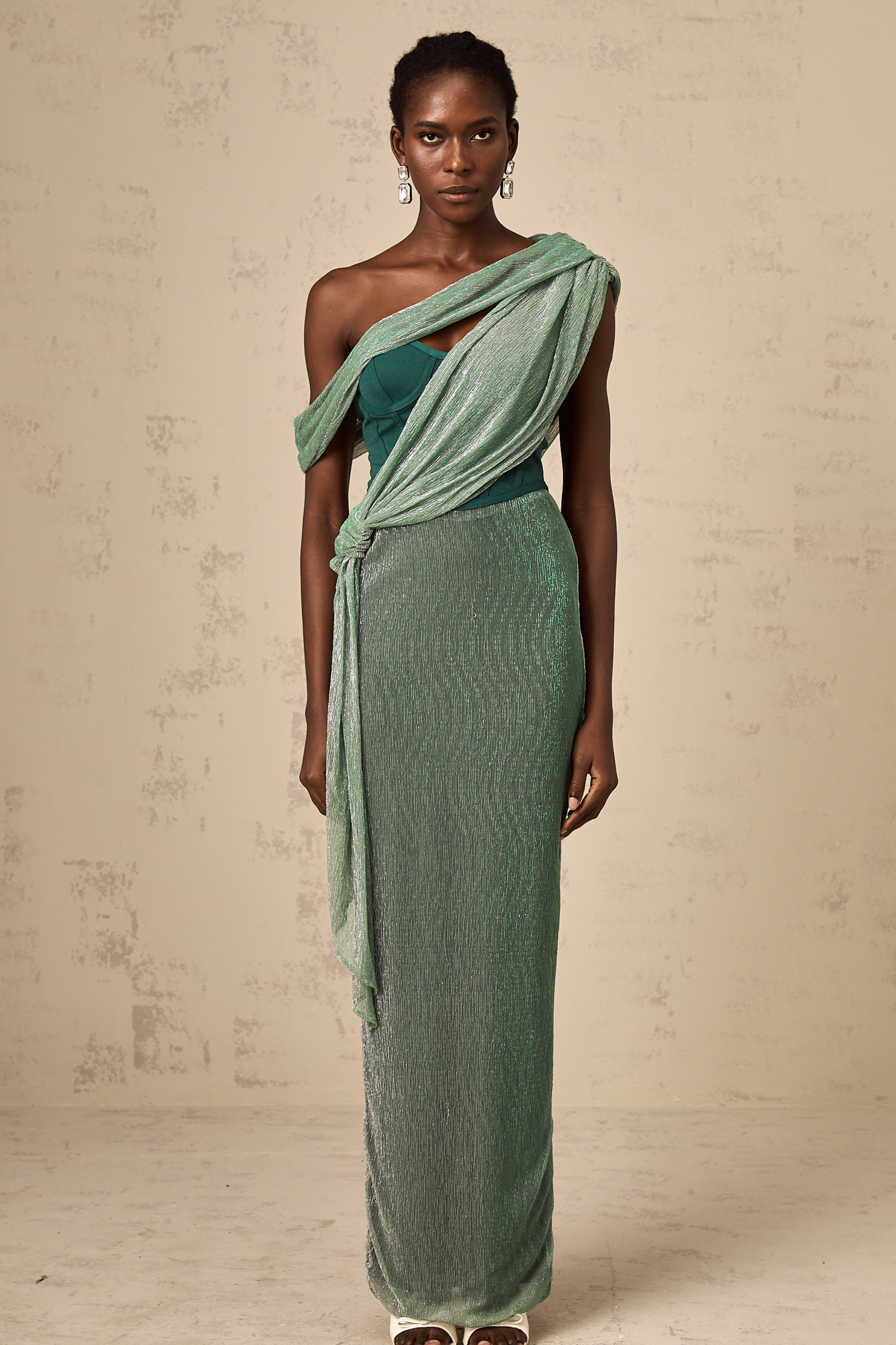 Delphine ribbon-design corset maxi dress in Green