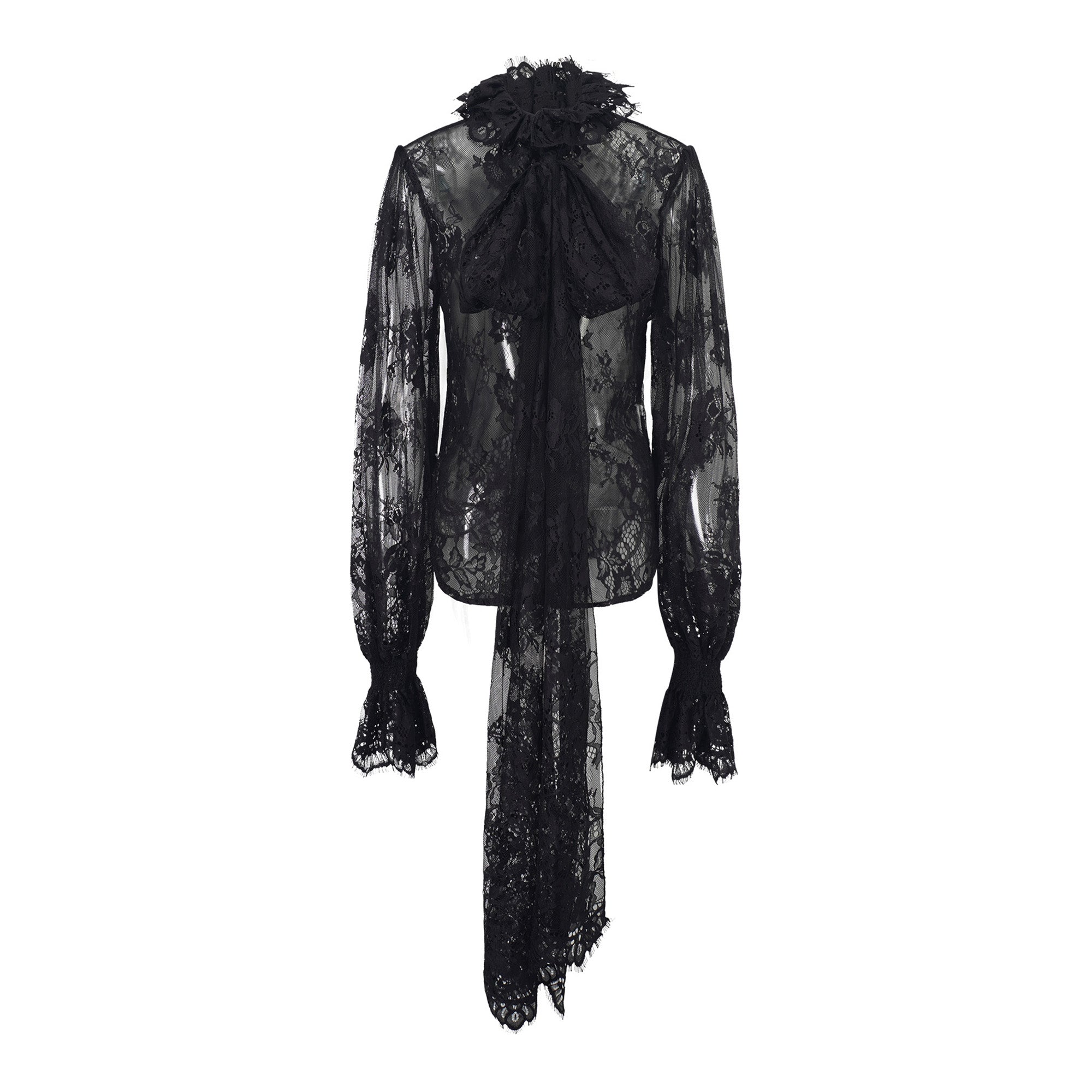 Quintine Black Ribbon Tie-Neck Floral Lace Blouse