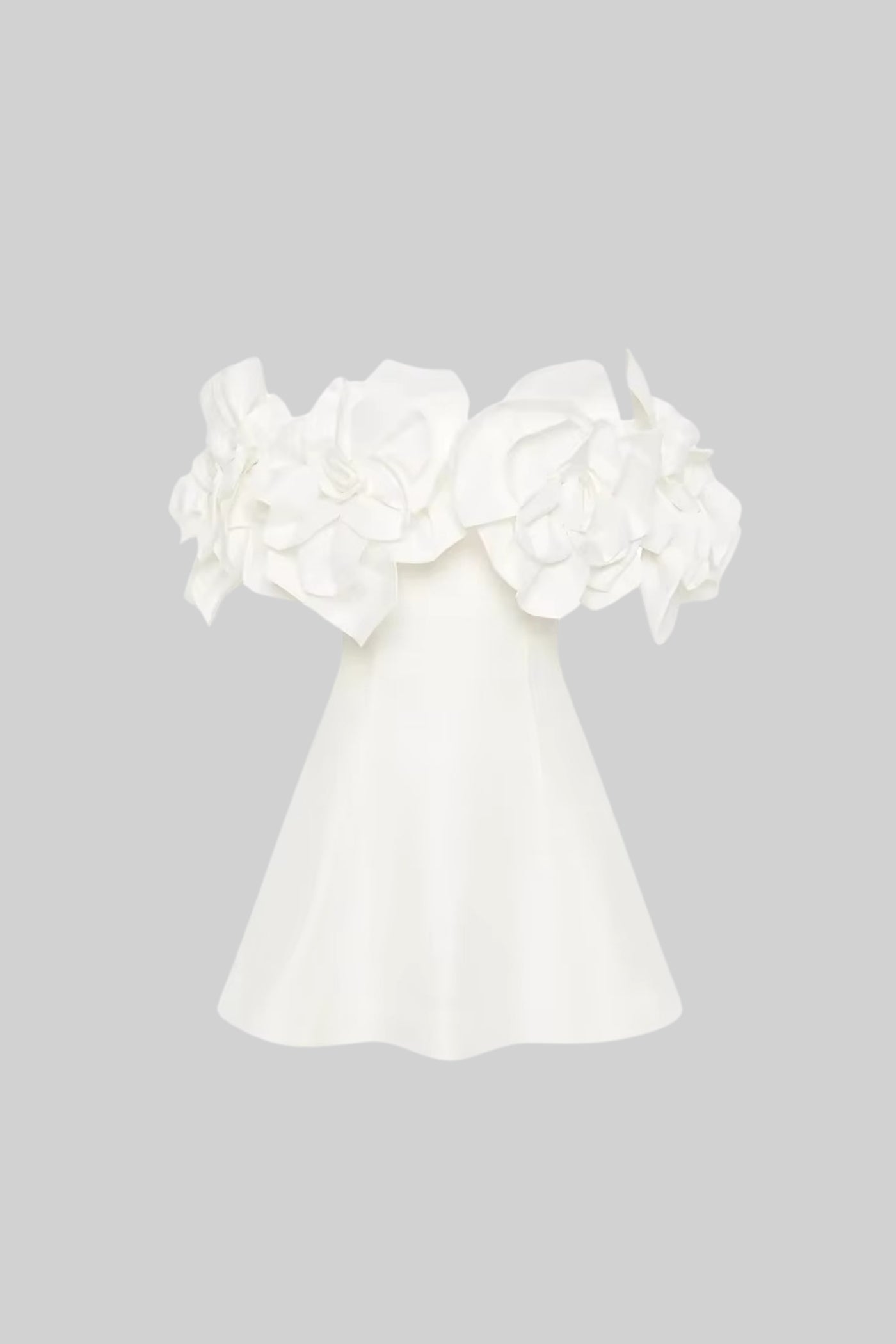 Off-Shoulder Mini Dress With Large Fabric Floral Accents - White