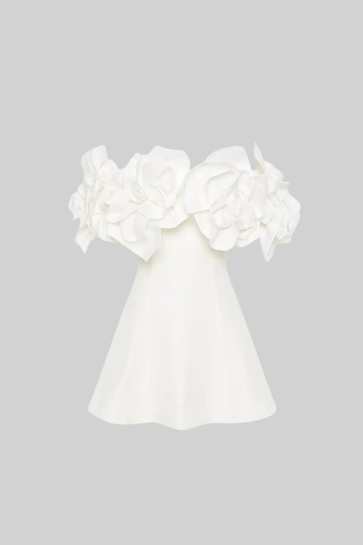 Off-Shoulder Mini Dress With Large Fabric Floral Accents - White
