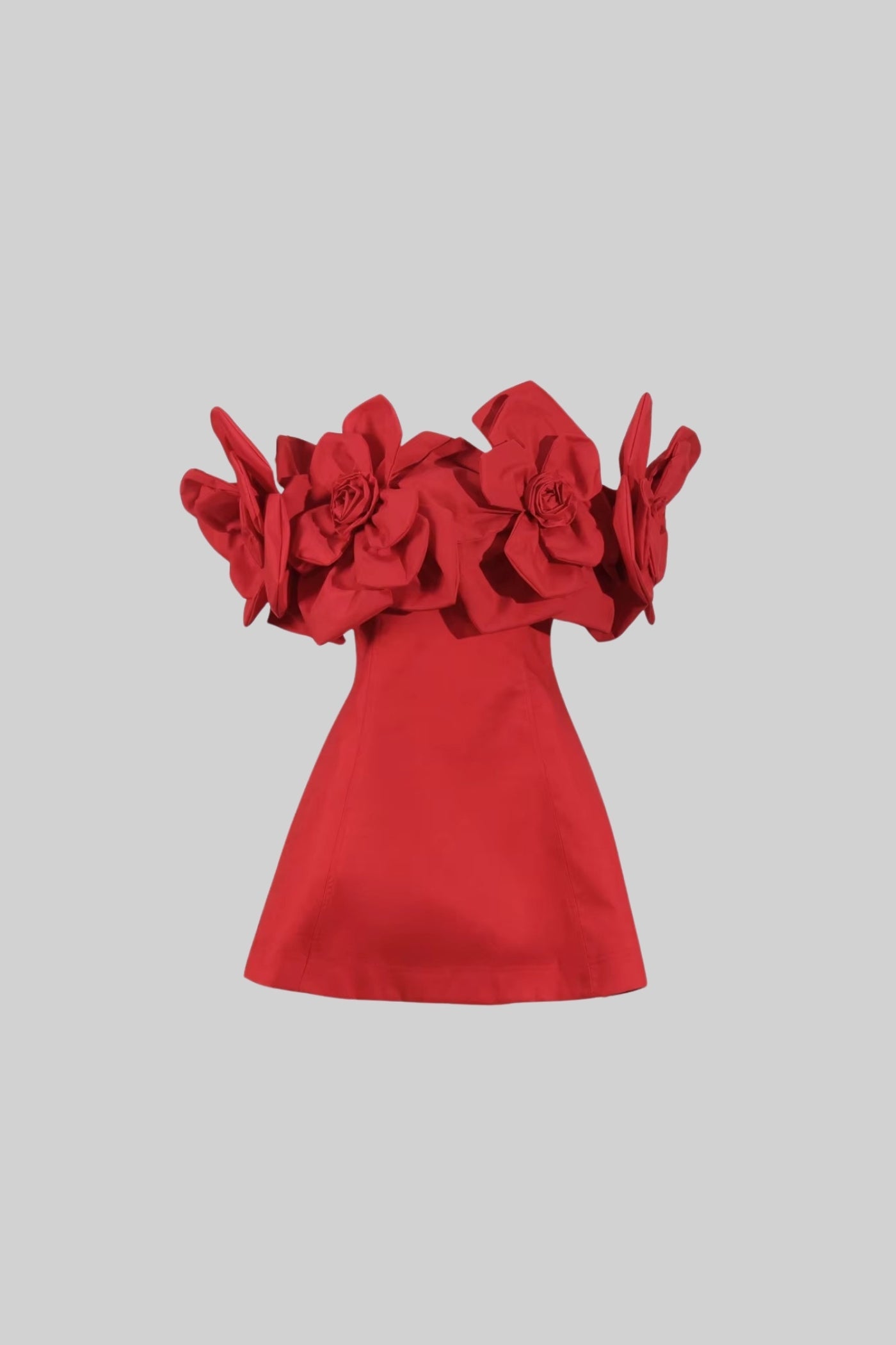 Off-Shoulder Mini Dress With Large Fabric Floral Accents - Red