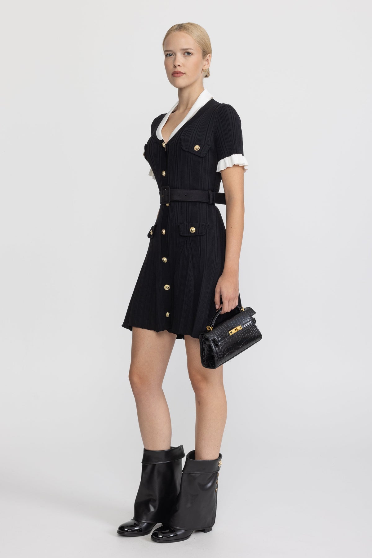 Ribbed Knit Contrast Collar Belted Mini Dress - Black