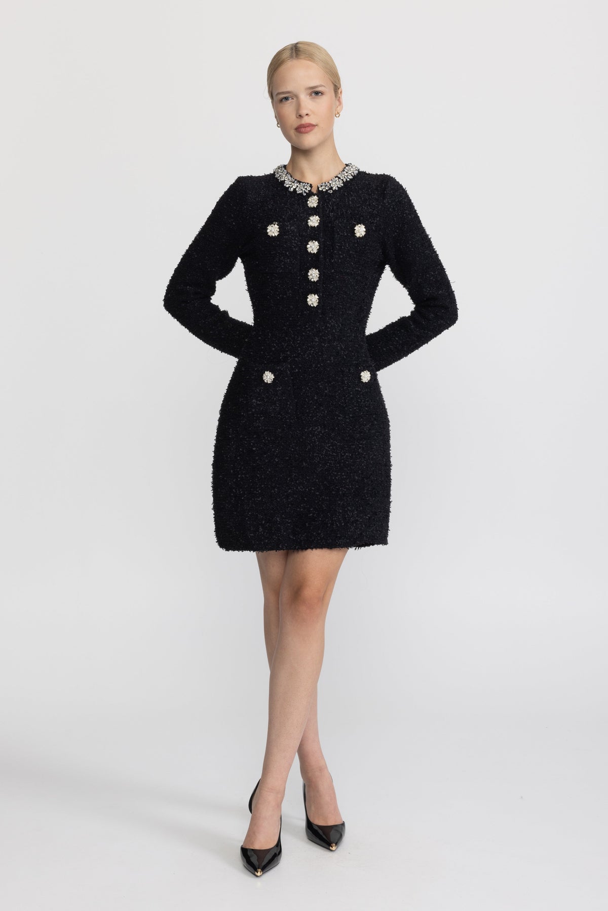 Crystal Embellished Bouclé Knit Mini Dress - Black