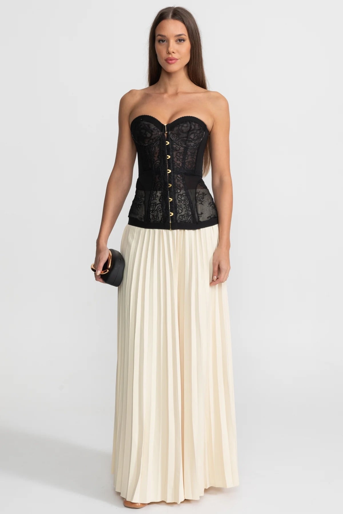 Strapless Lace Corset Top with Boning and Front Closure - Black