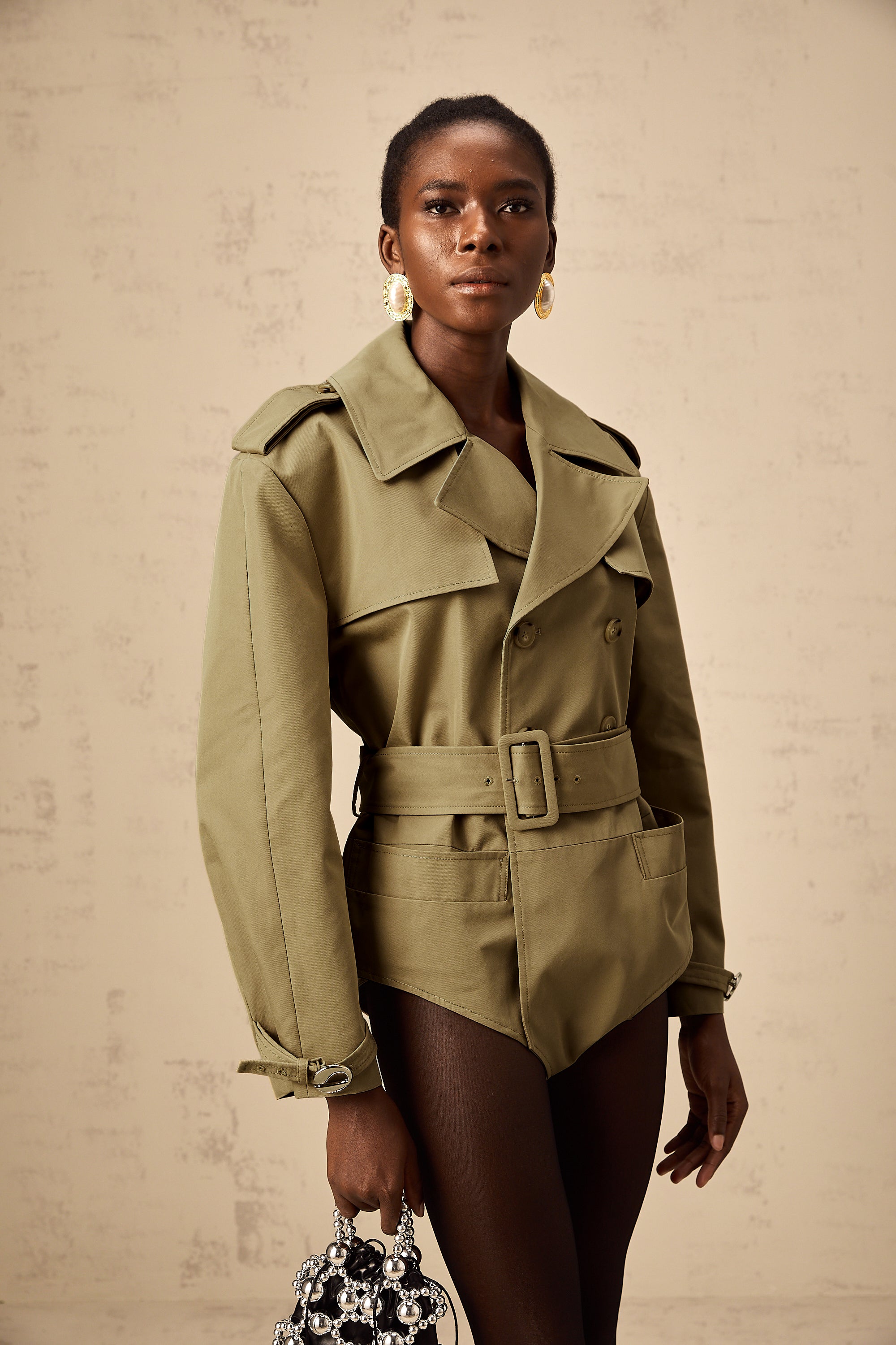 Chloe khaki double-breast belted bodysuit