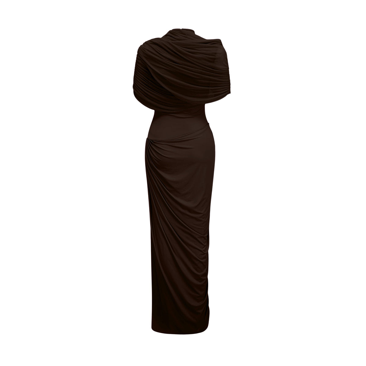 Catherine asymmetric pleated maxi dress in Brown