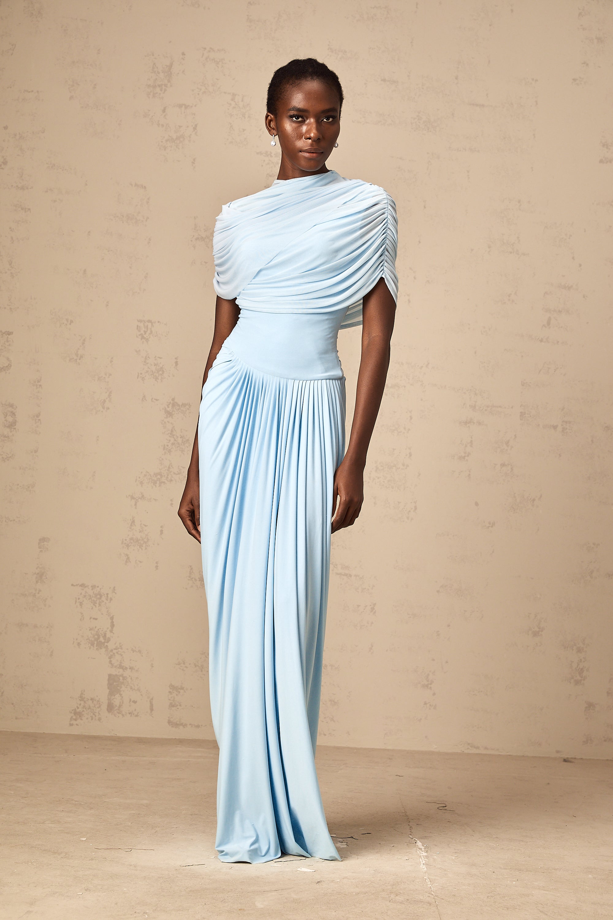 Catherine asymmetrical pleated maxi dress in Baby-blue