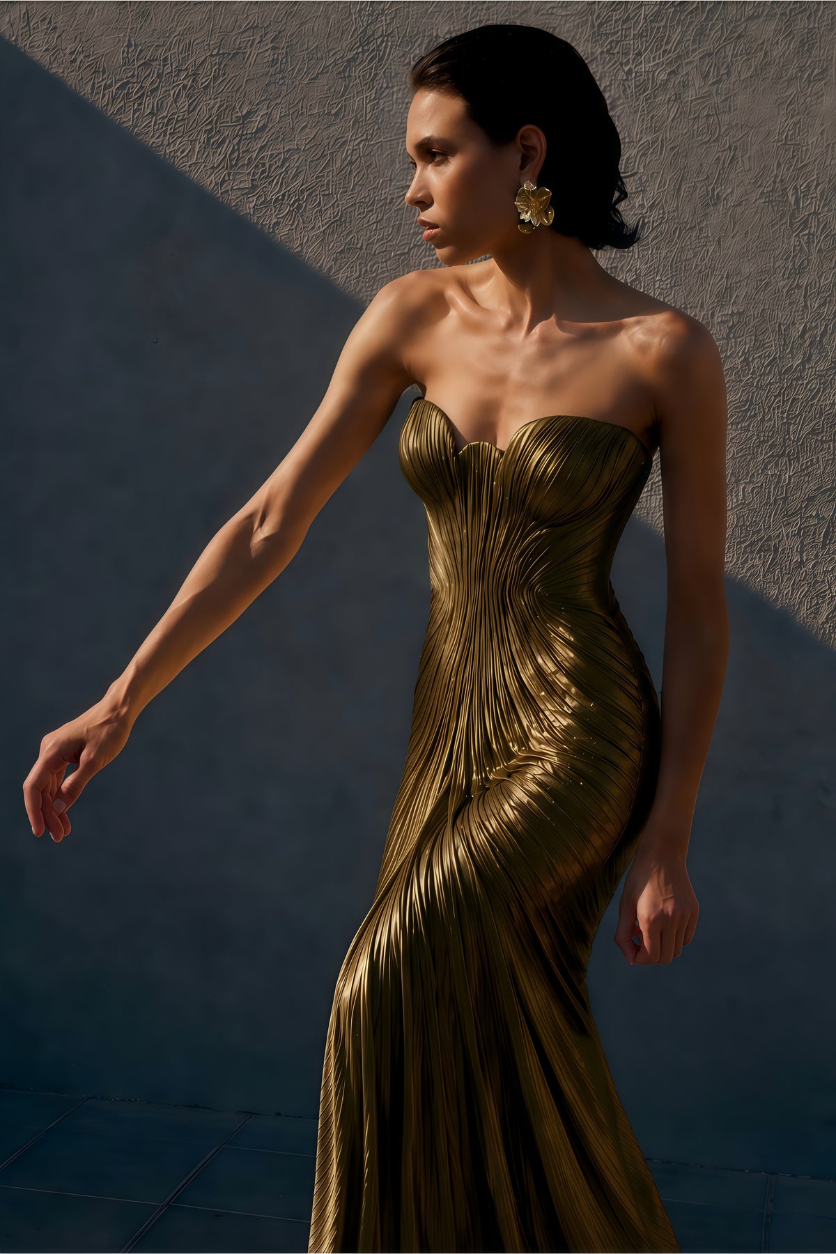 xrystyna gold metallic ruched maxi dress
